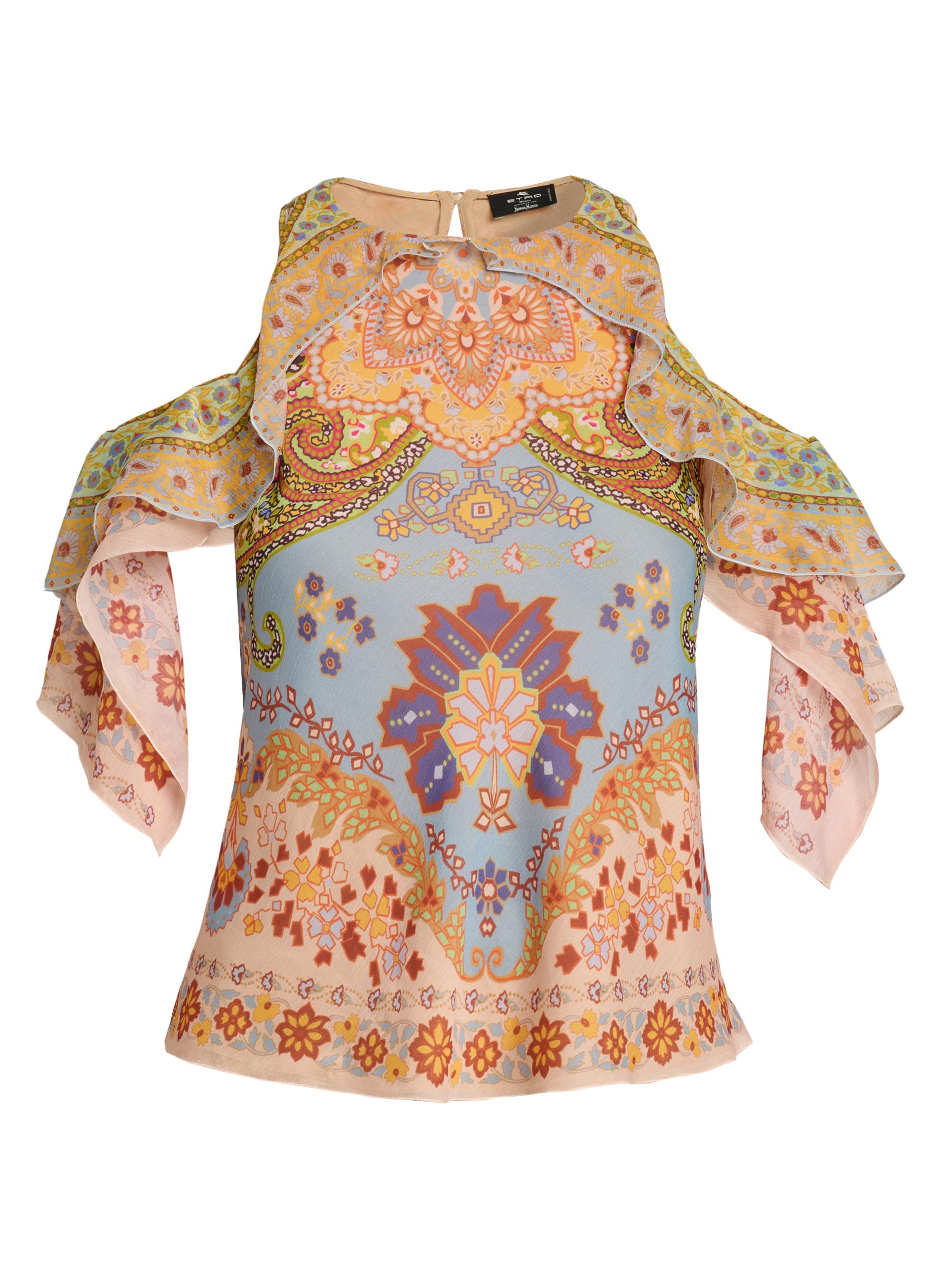 Etro Women's Floral Ruffle Cold-Shoulder Blouse - Printed Azure Base