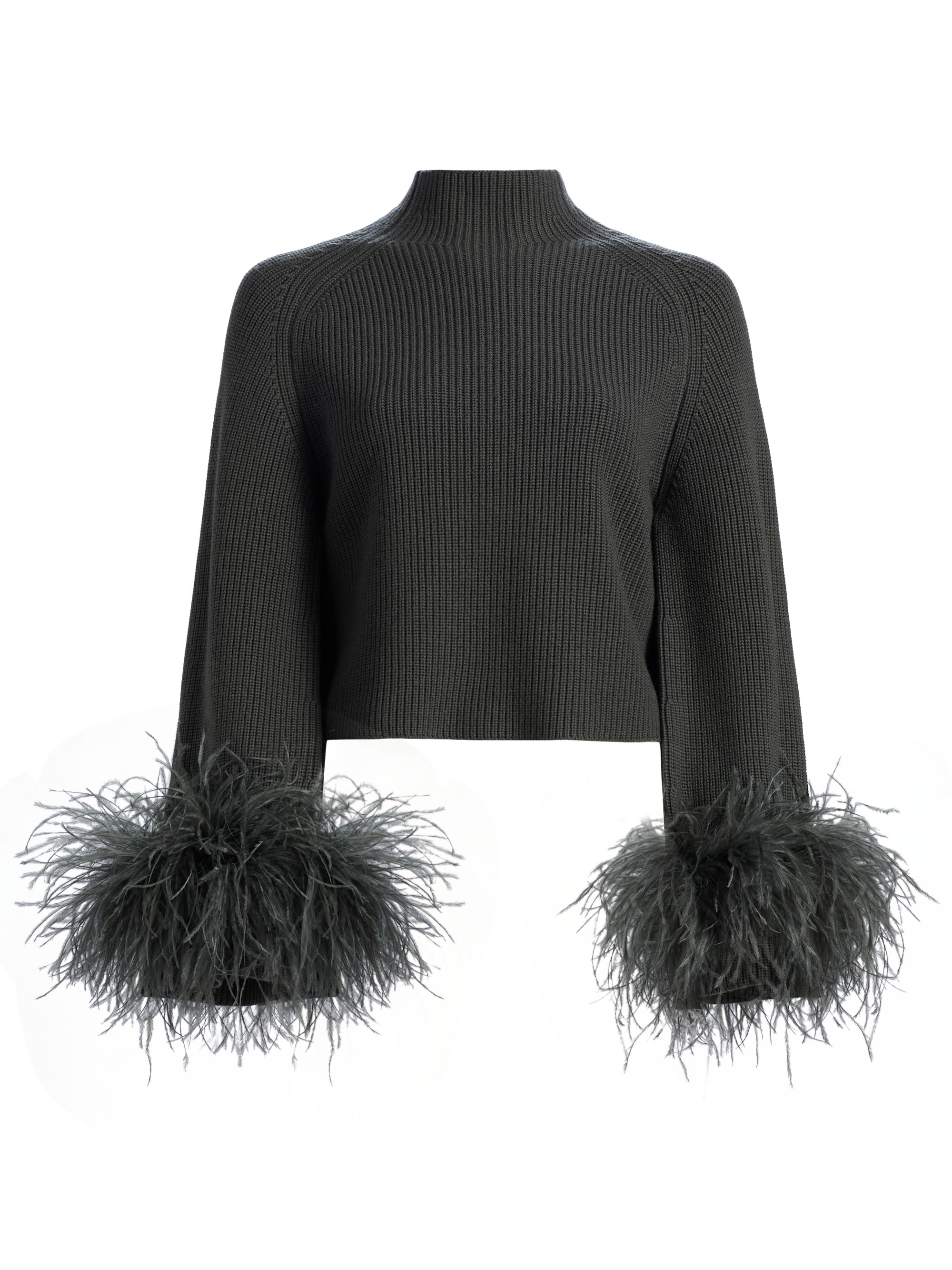 LaPointe Women's Feather-Cuff Mock Turtleneck Wool Sweater - Pine