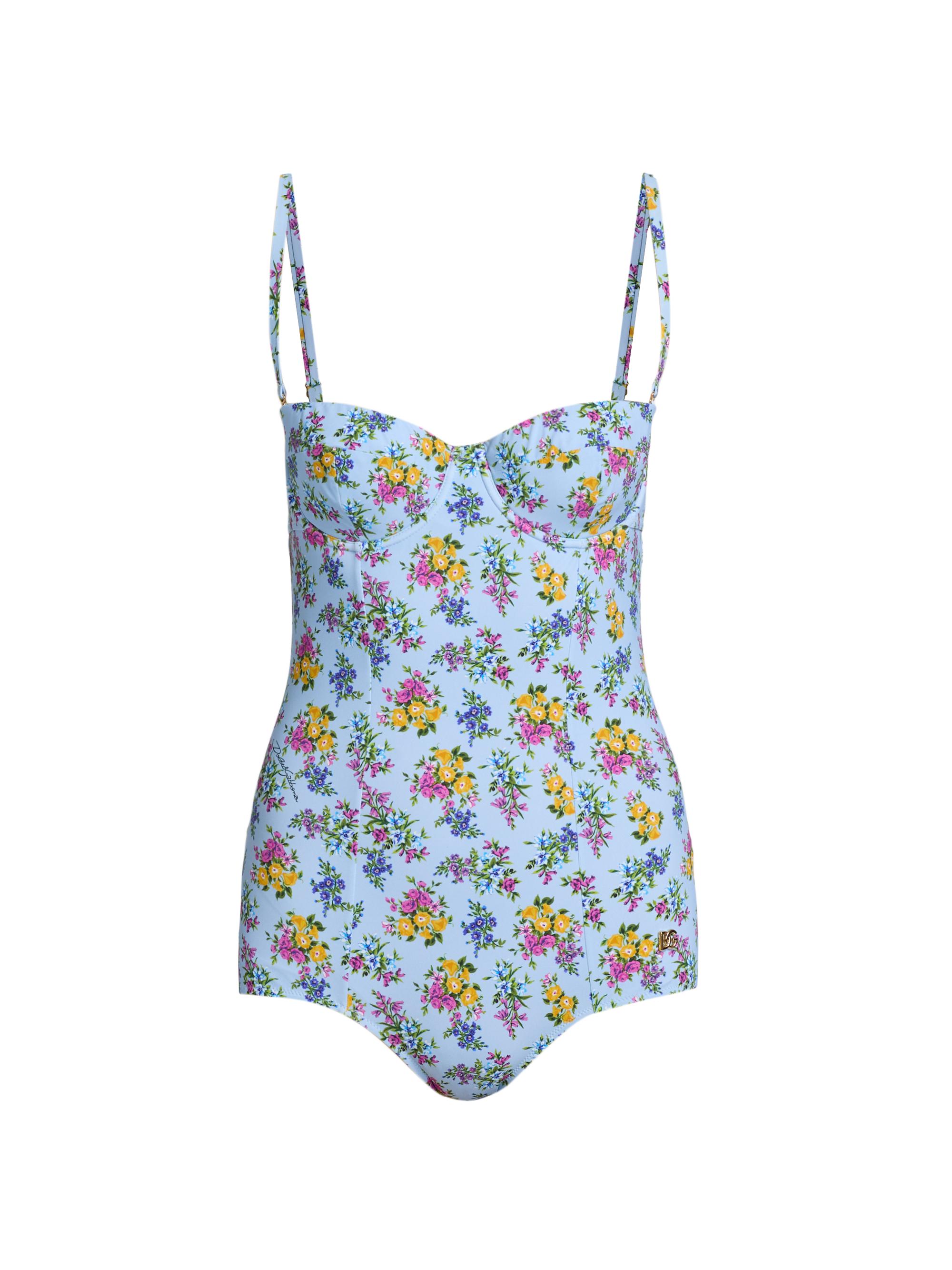 Dolce & Gabbana Women's Floral One-Piece Balconette Swimsuit - Blue