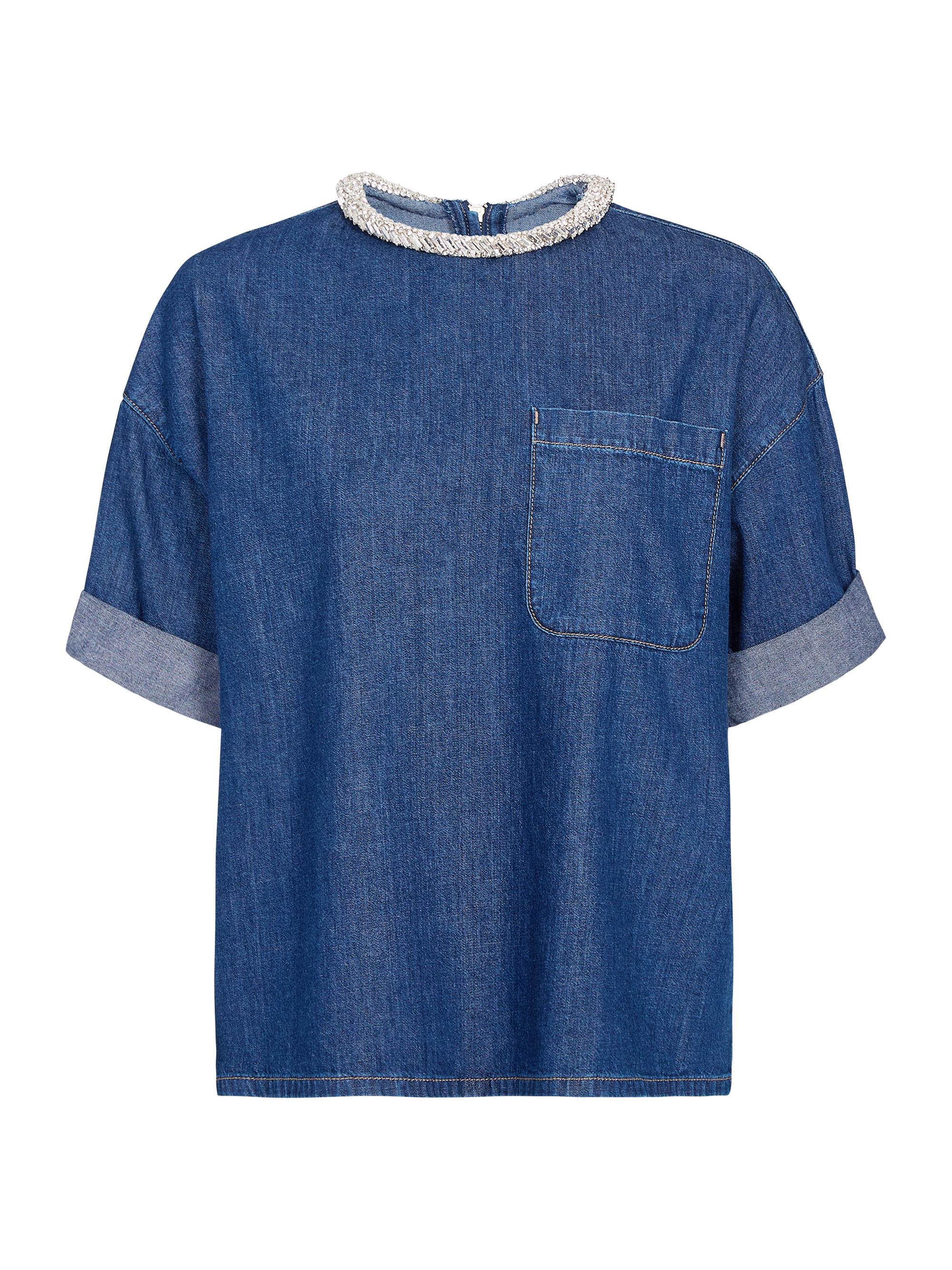 TWP Women's Ex Embellished Denim T-Shirt - Dark Stone