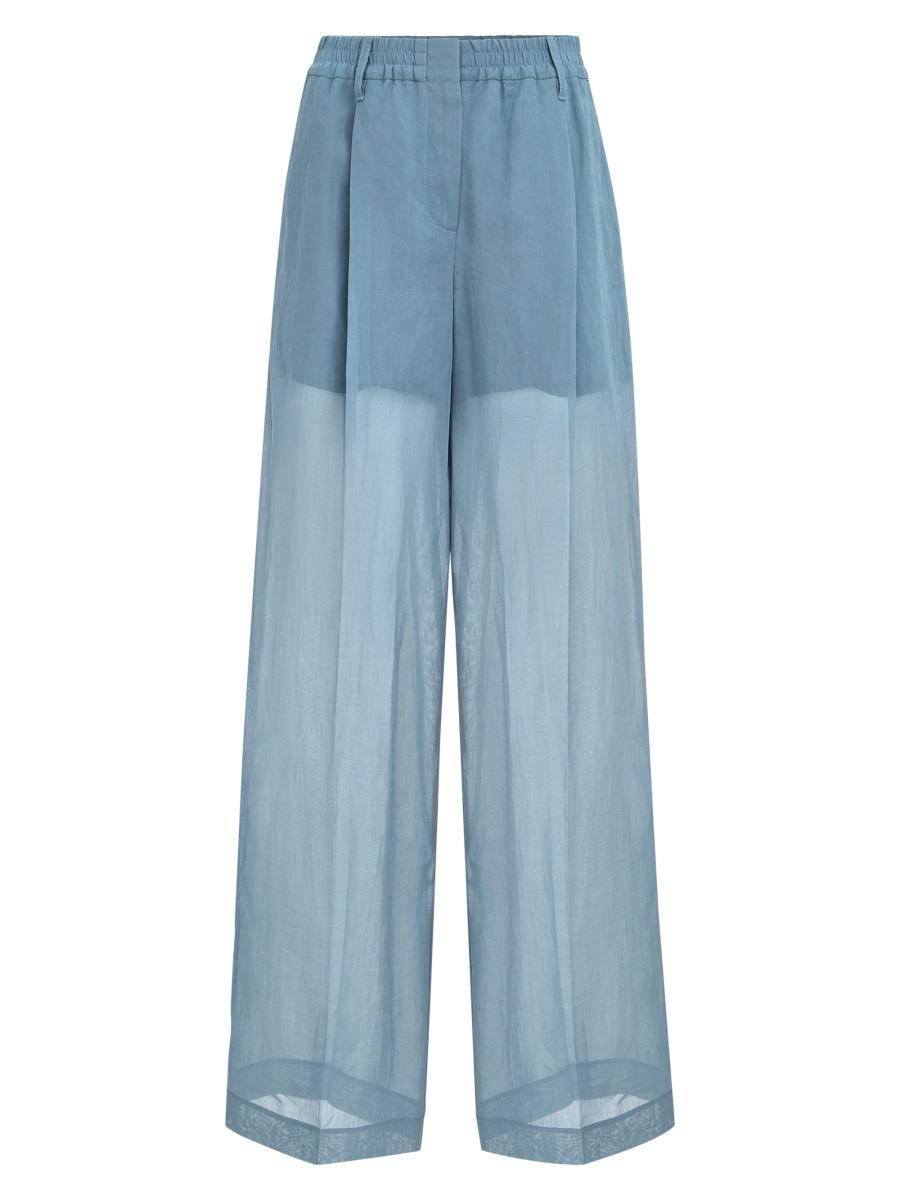 Brunello Cucinelli Women's Cotton Organza Sartorial Track Trousers With Monili In Blue