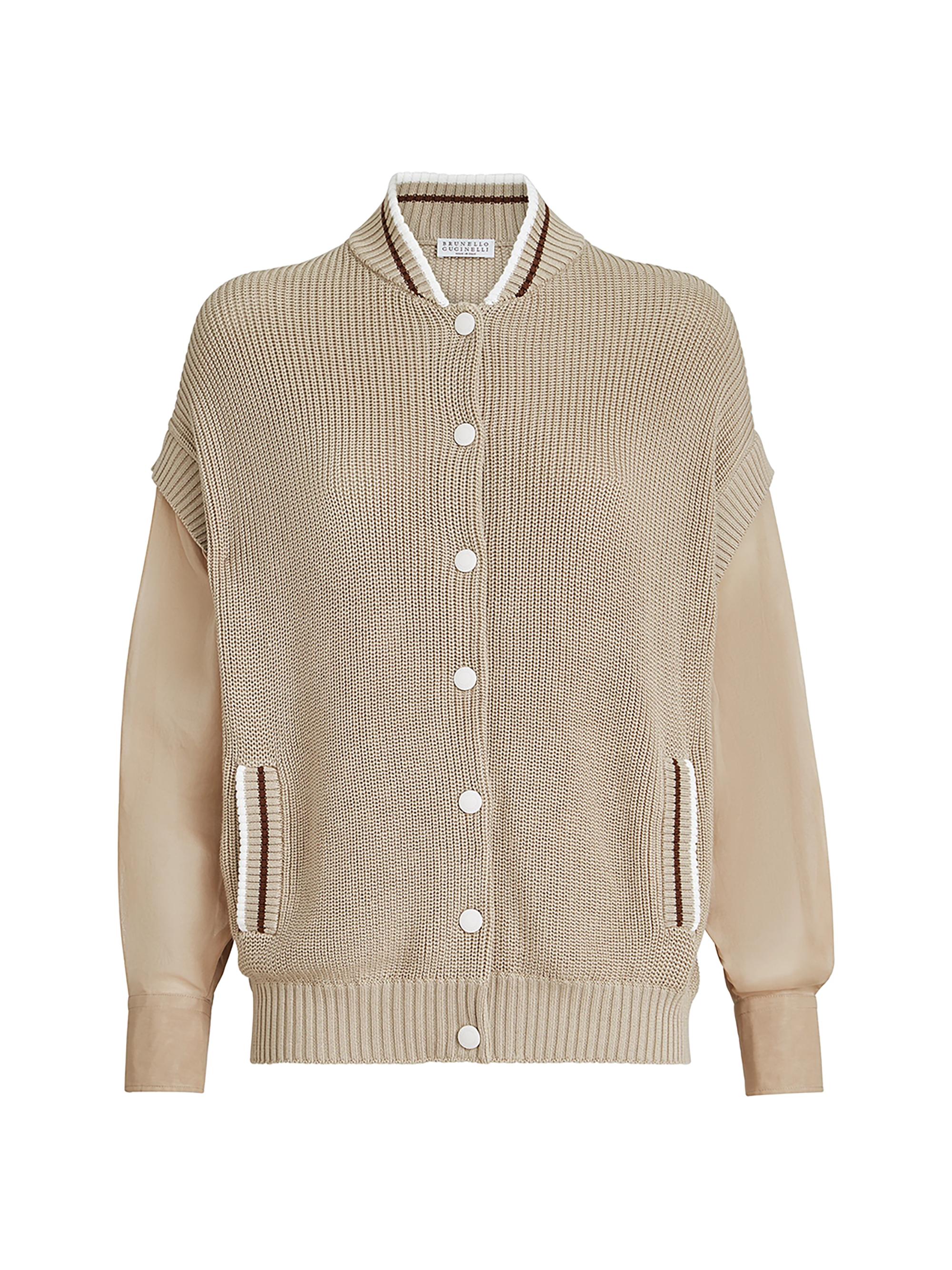 Brunello Cucinelli Women's Cotton English Rib Cardigan with Organza Sleeves - Beige