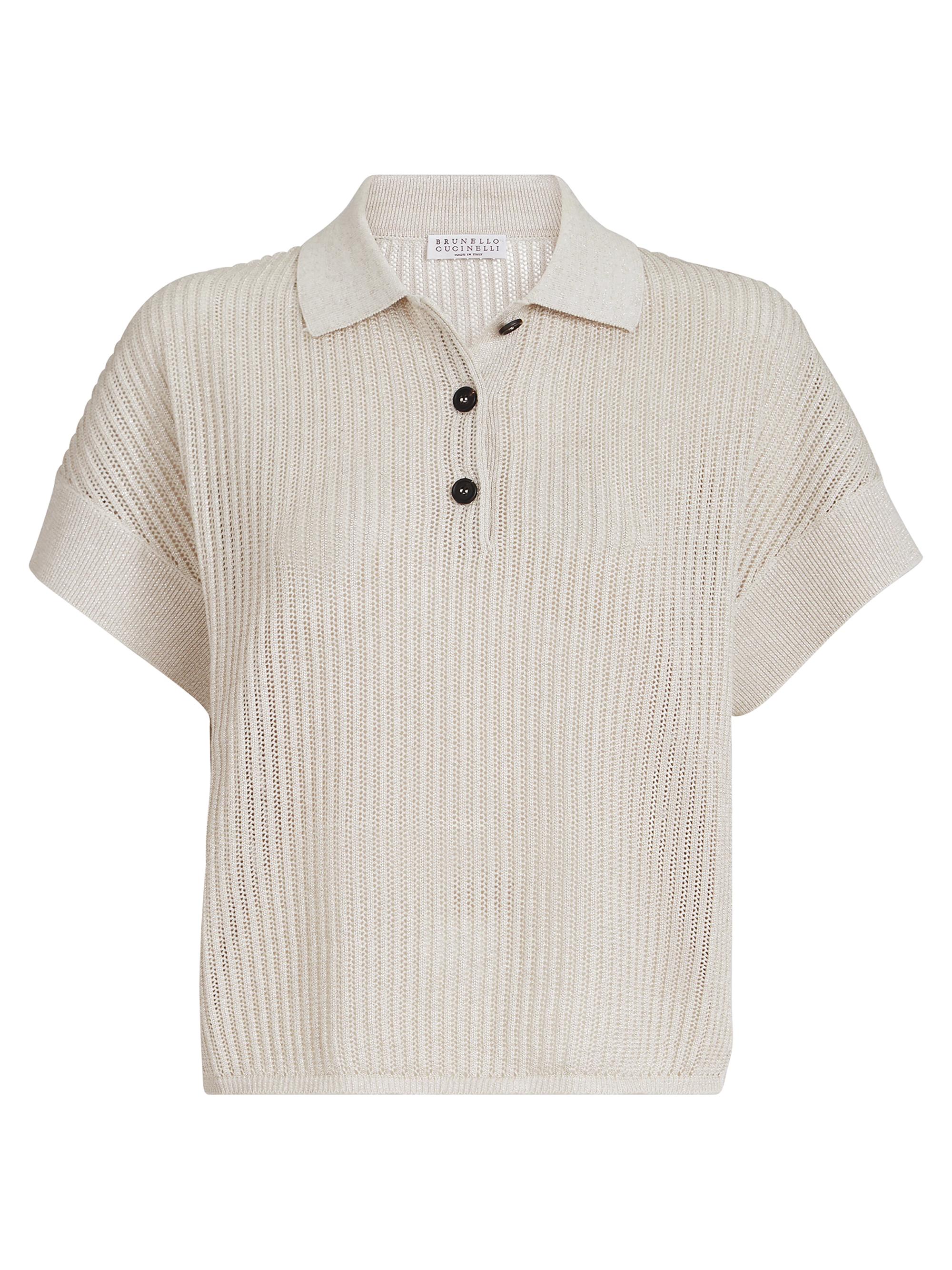 Brunello Cucinelli Women's Sparkling Cotton Ribbed Net Polo Shirt - Oat