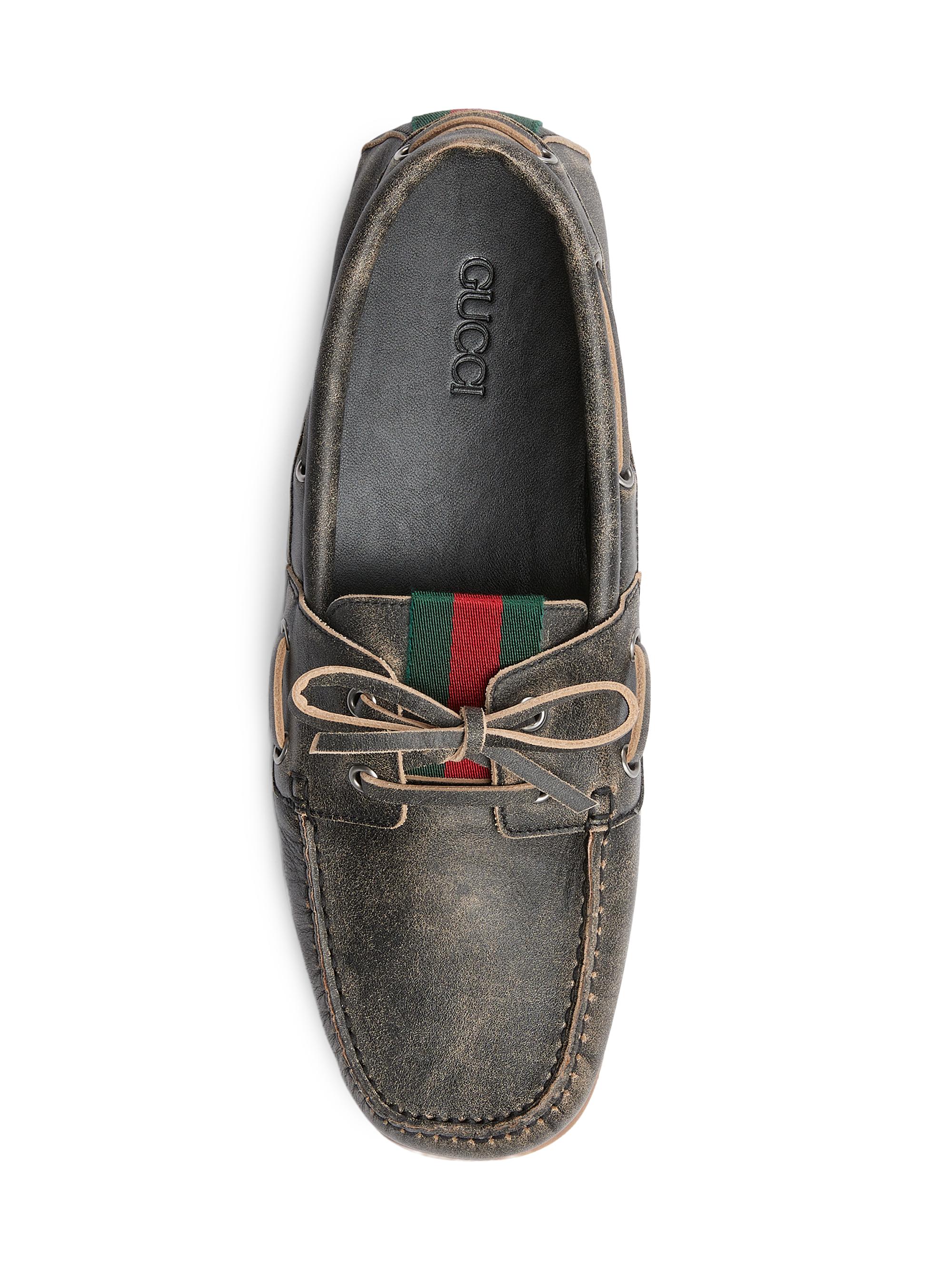 Gucci Web Distressed Leather Boat Shoes | Saks Fifth Avenue