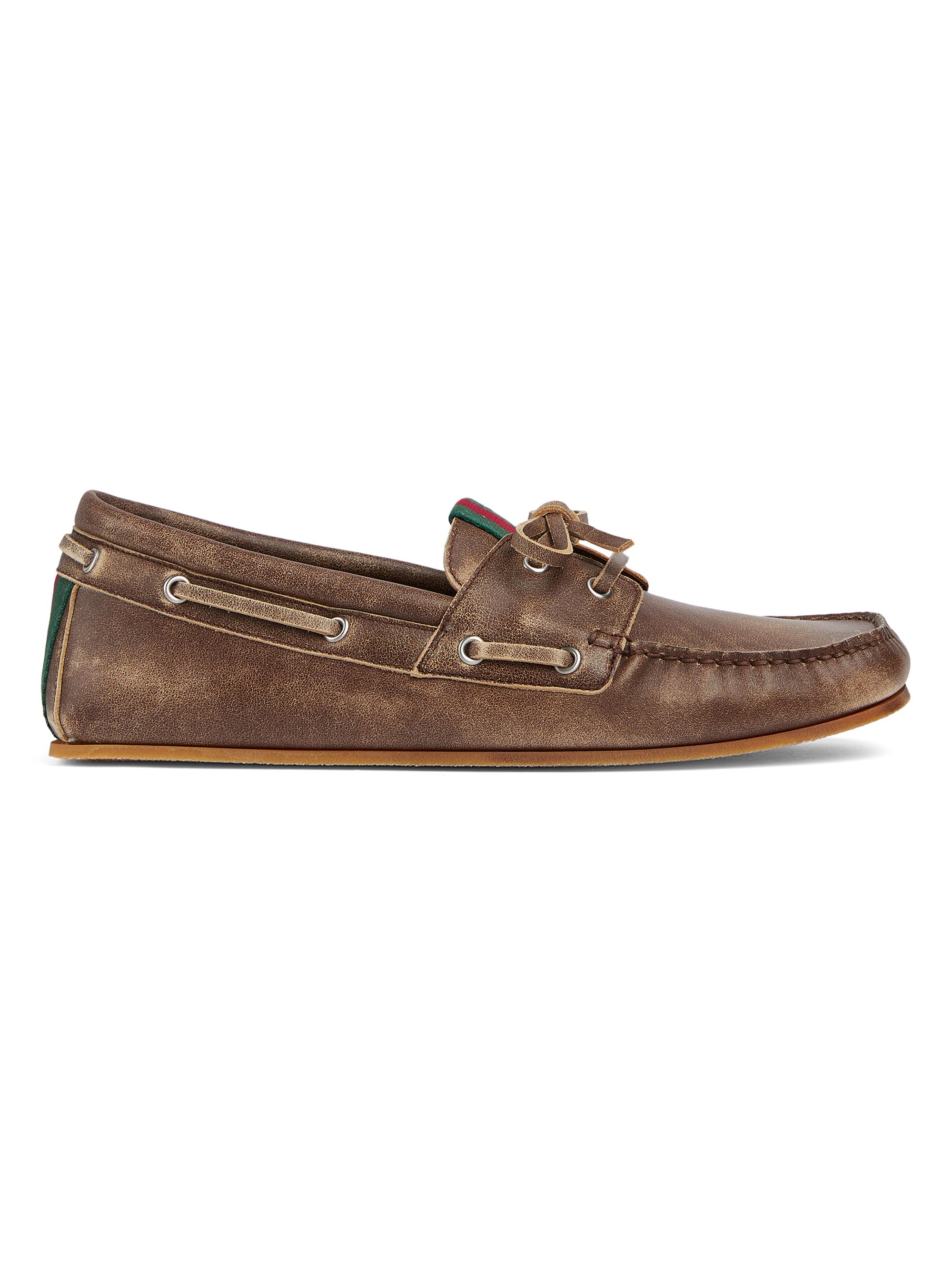 Gucci Men's Web Distressed Leather Boat Shoes - Mahogany