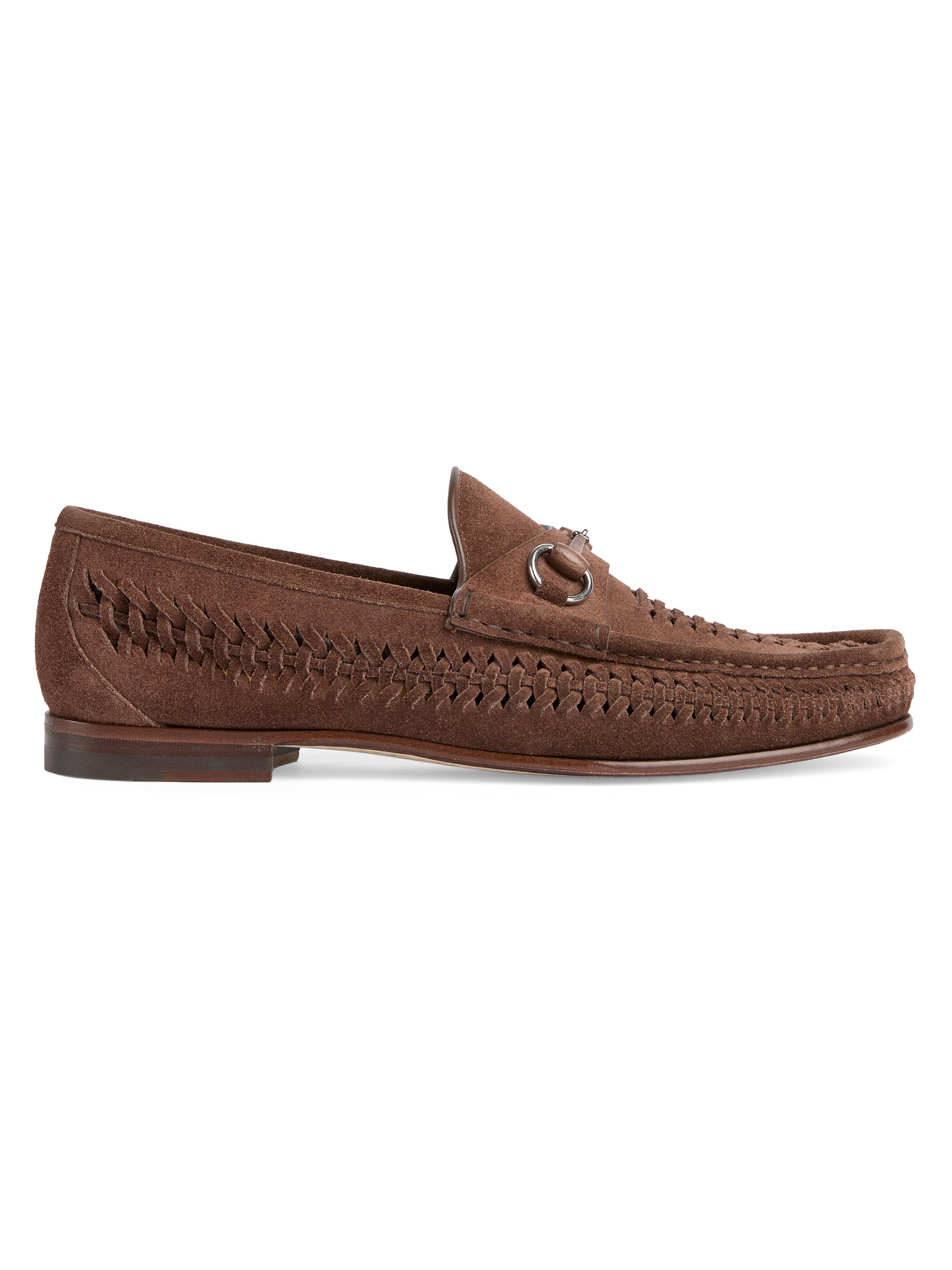 Gucci Men's Horsebit Braided Suede Moccasins - Brown