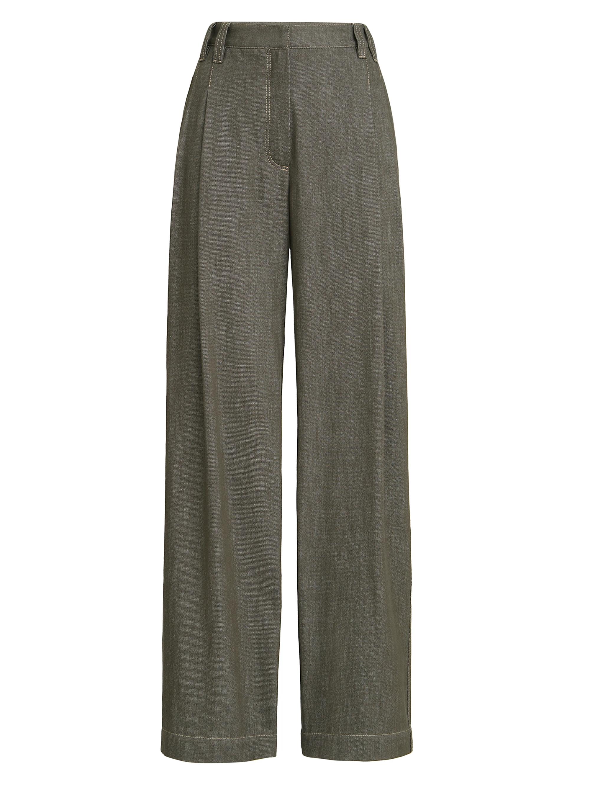 Brunello Cucinelli Women's Denim Effect Twill Smart Wide Trousers with Monili - Olive