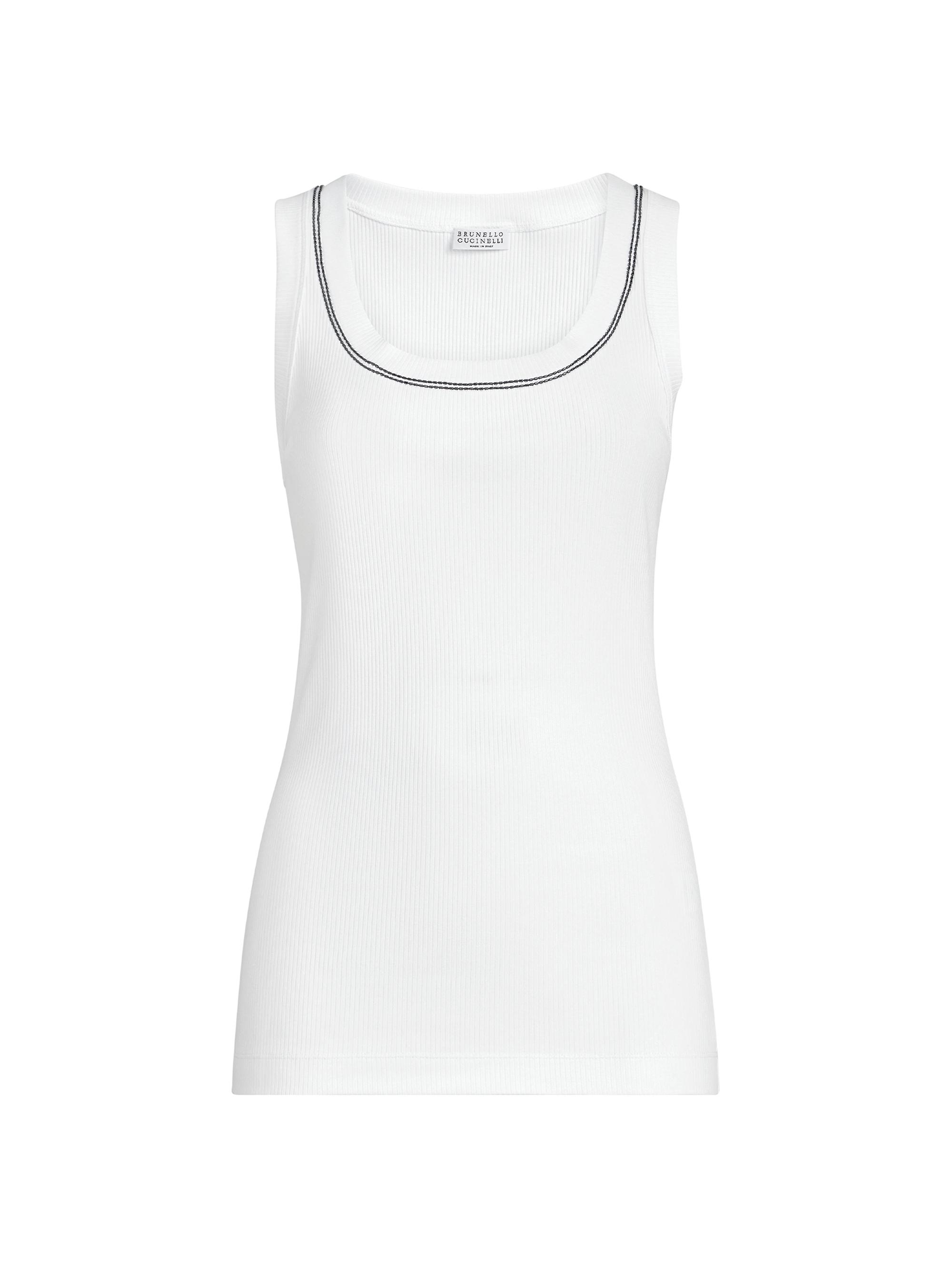 Brunello Cucinelli Women's Stretch Cotton Ribbed Jersey Top with Shiny Trim - White