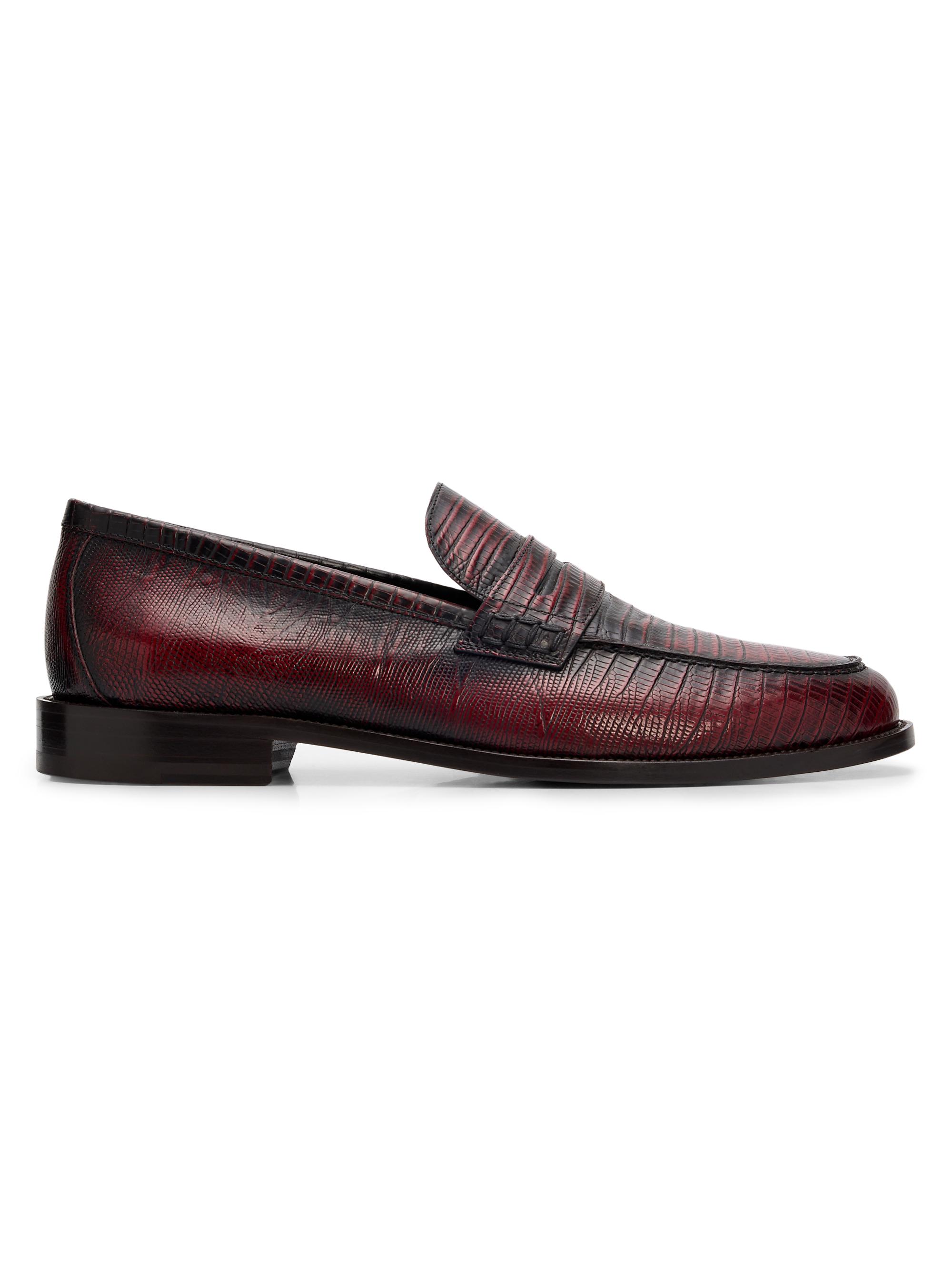 Manolo Blahnik Men's Perry Lizard-Print Leather Penny Loafers - Dark Red