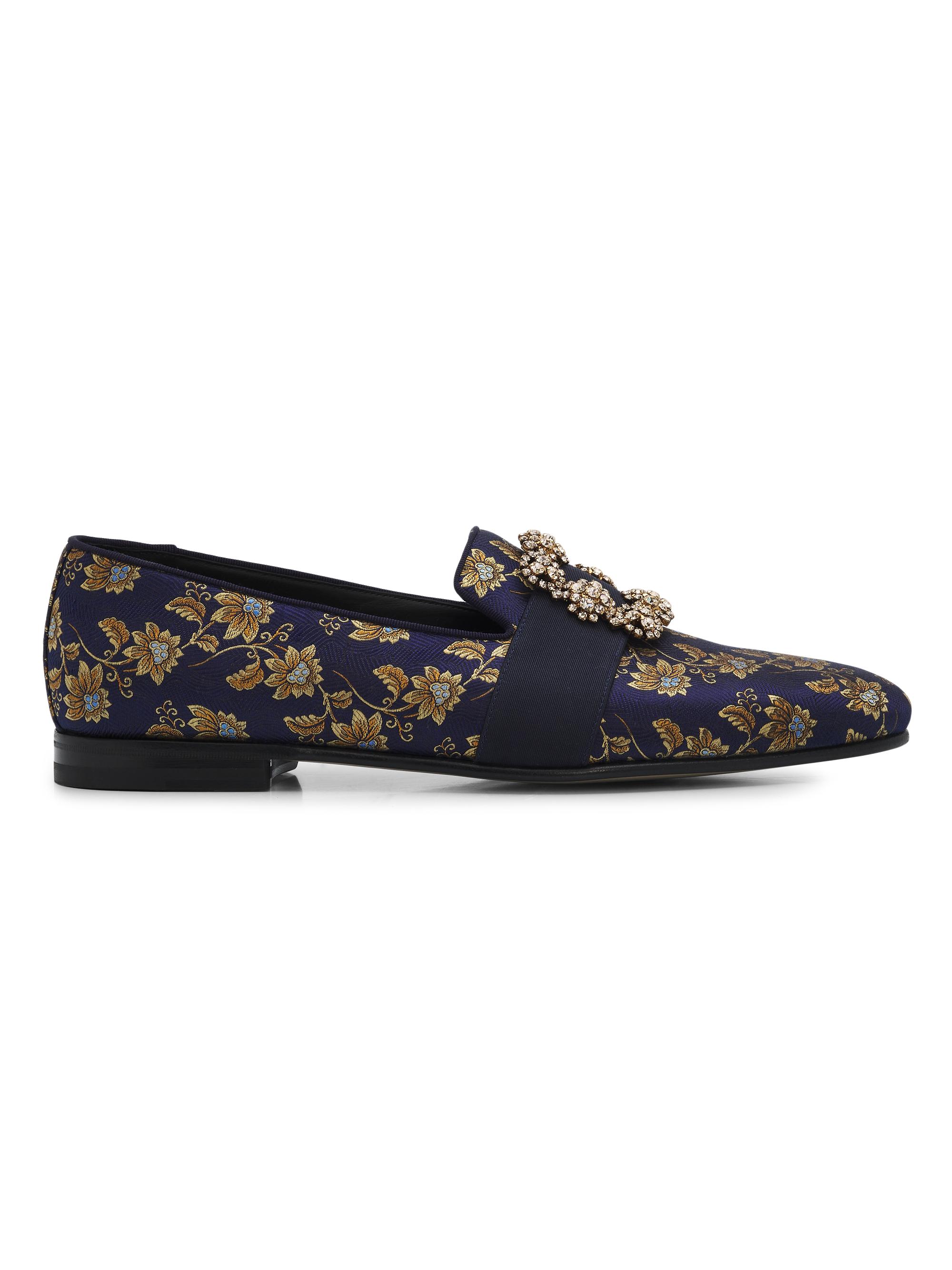 Manolo Blahnik Men's Carlton Crystal-Buckle Brocade Loafers - Navy Blue