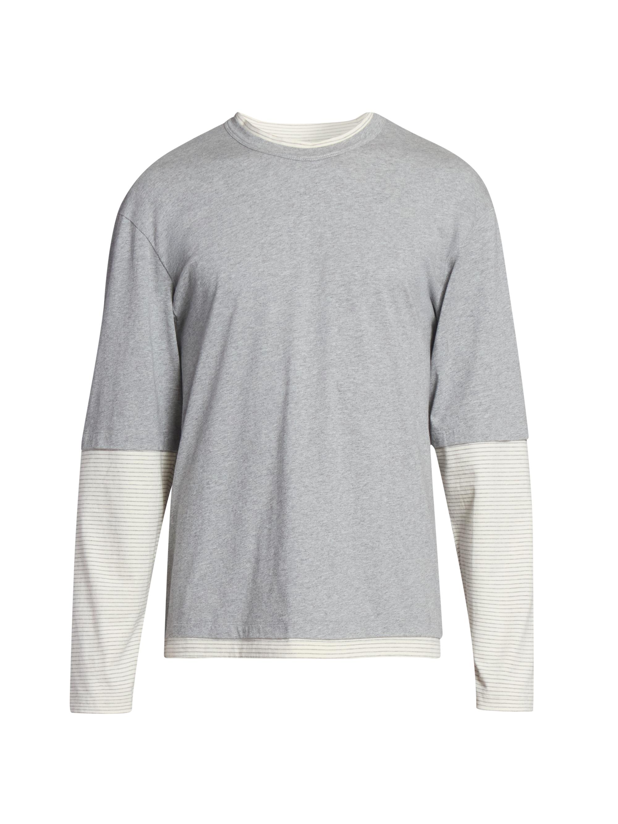 Officine Générale Men's Bosco Layered Striped Cotton Shirt - Light Heather Grey White