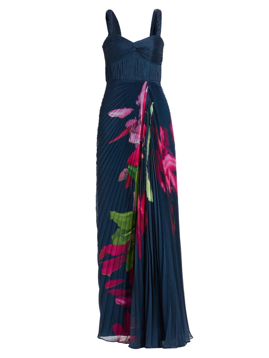 open lace back dress Fluer Deep V Pleated Gown