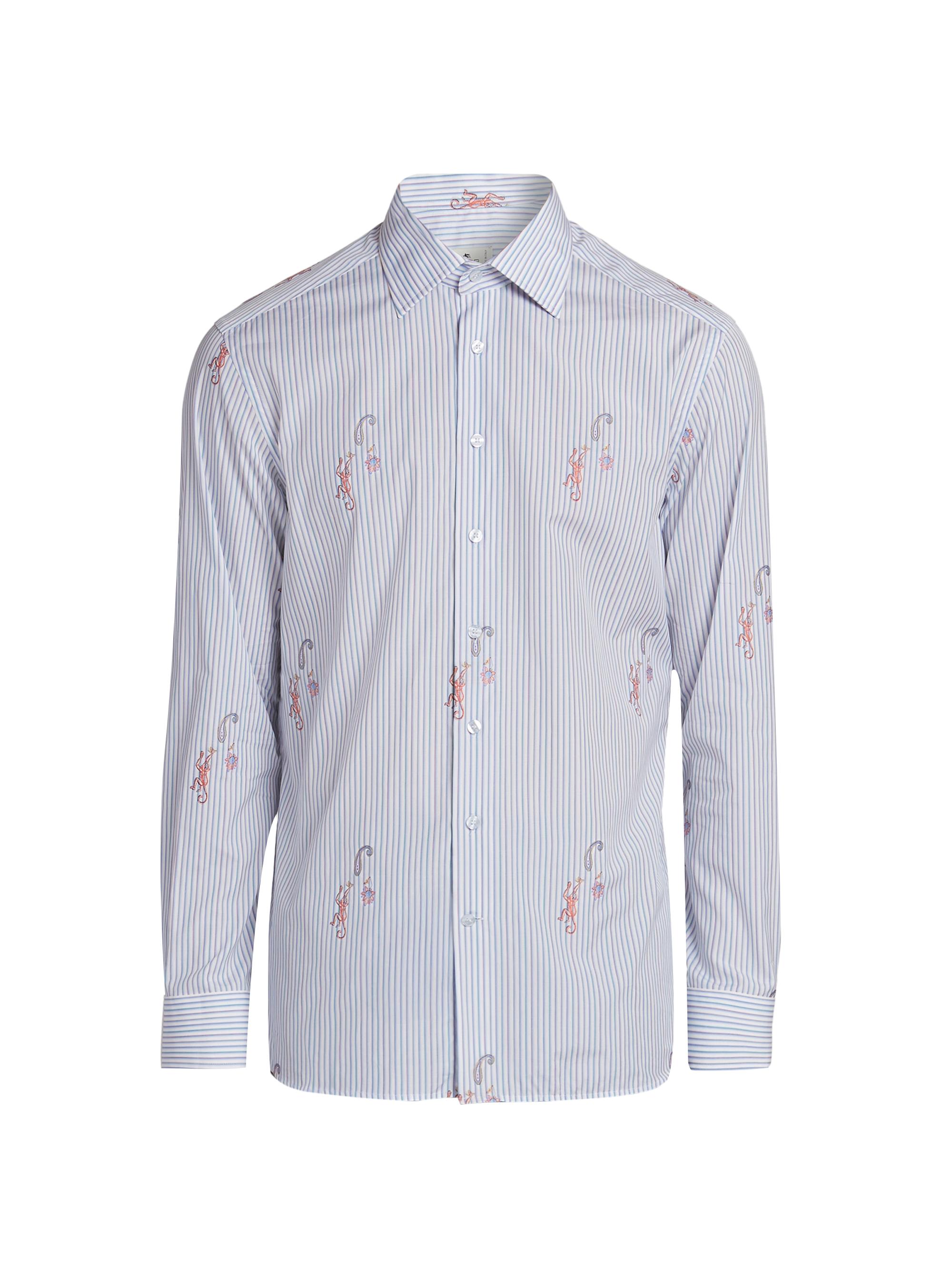 Etro Men's Pinstriped Monkey Jacquard Button-Front Shirt - Multicolor Azure Base