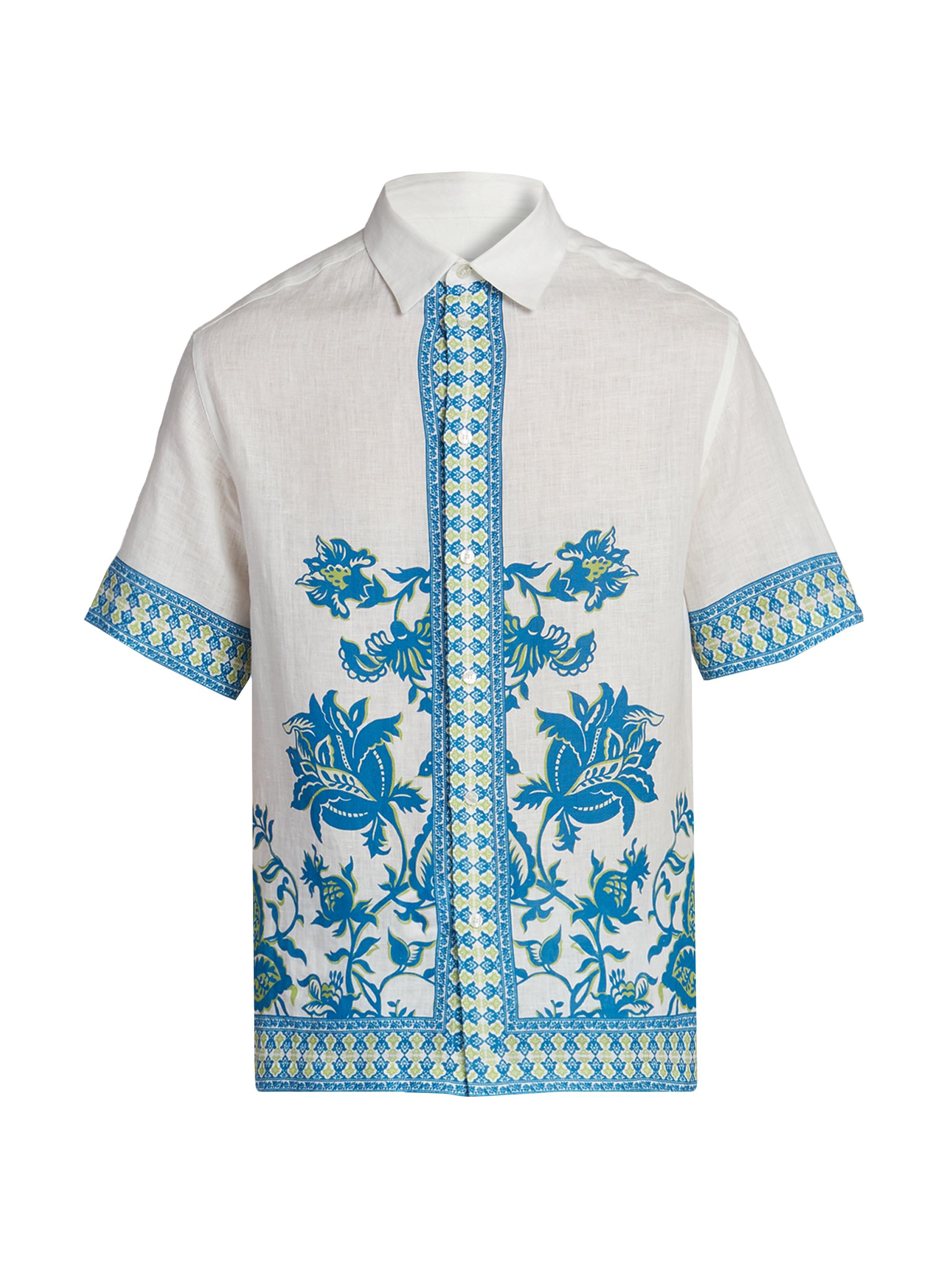 Etro Men's Aqua Print Linen Short-Sleeve Shirt - Stampa Azzurro