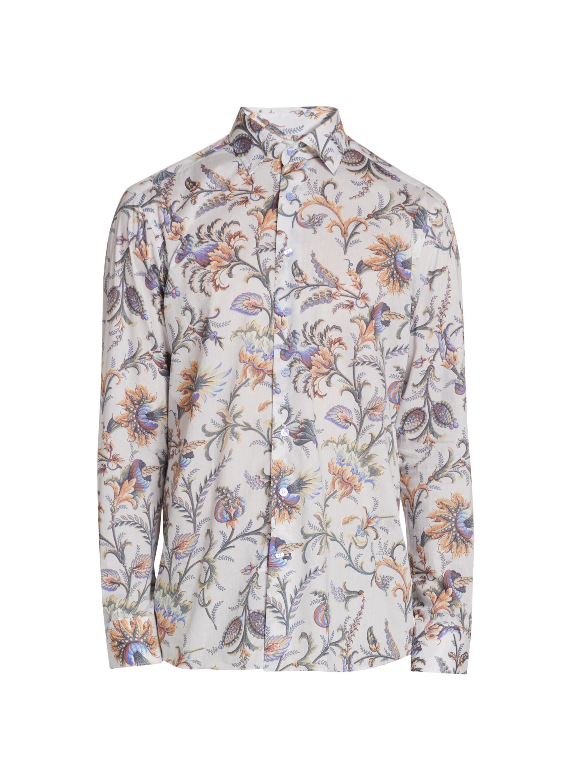 Etro Men's Foliage-Print Cotton Button-Front Shirt - Printed Azure Base