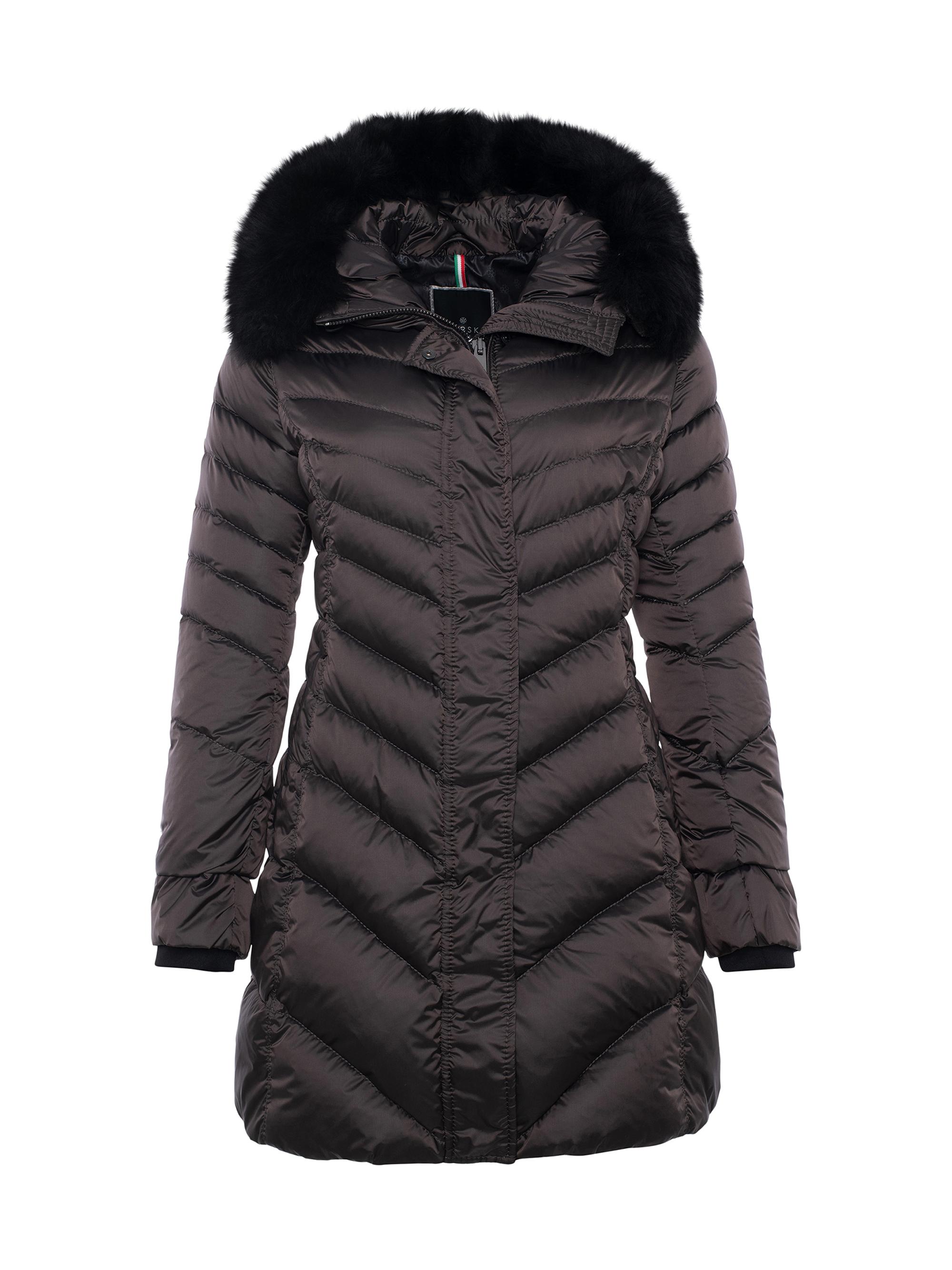 Gorski Women's Apres Ski Jacket with Detachable Toscana Shearling Lamb Hood Trim - Brown Black