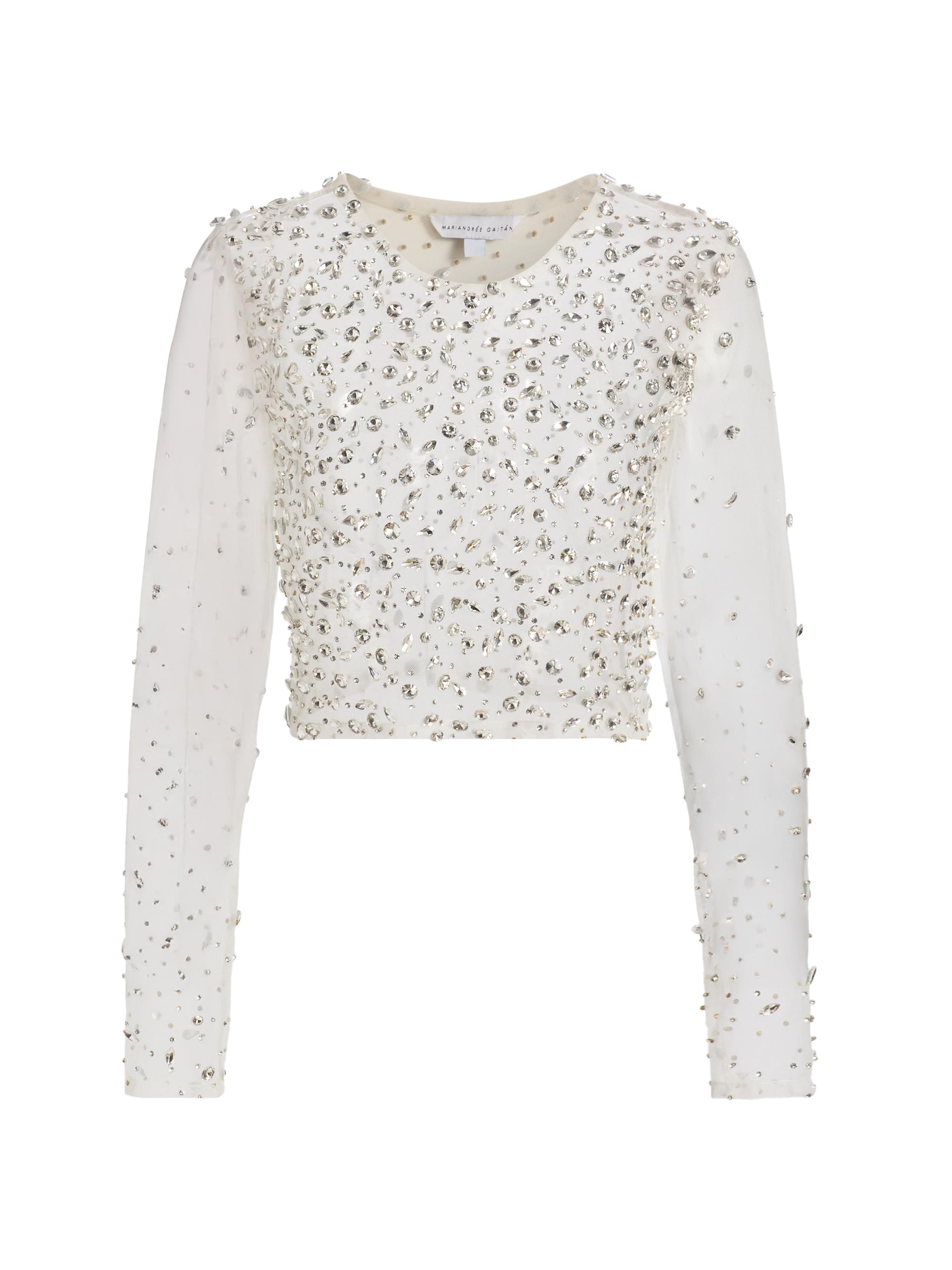 Mariandree Gaitan Women's Camille Crystal-Embellished Sheer Crop Top - White