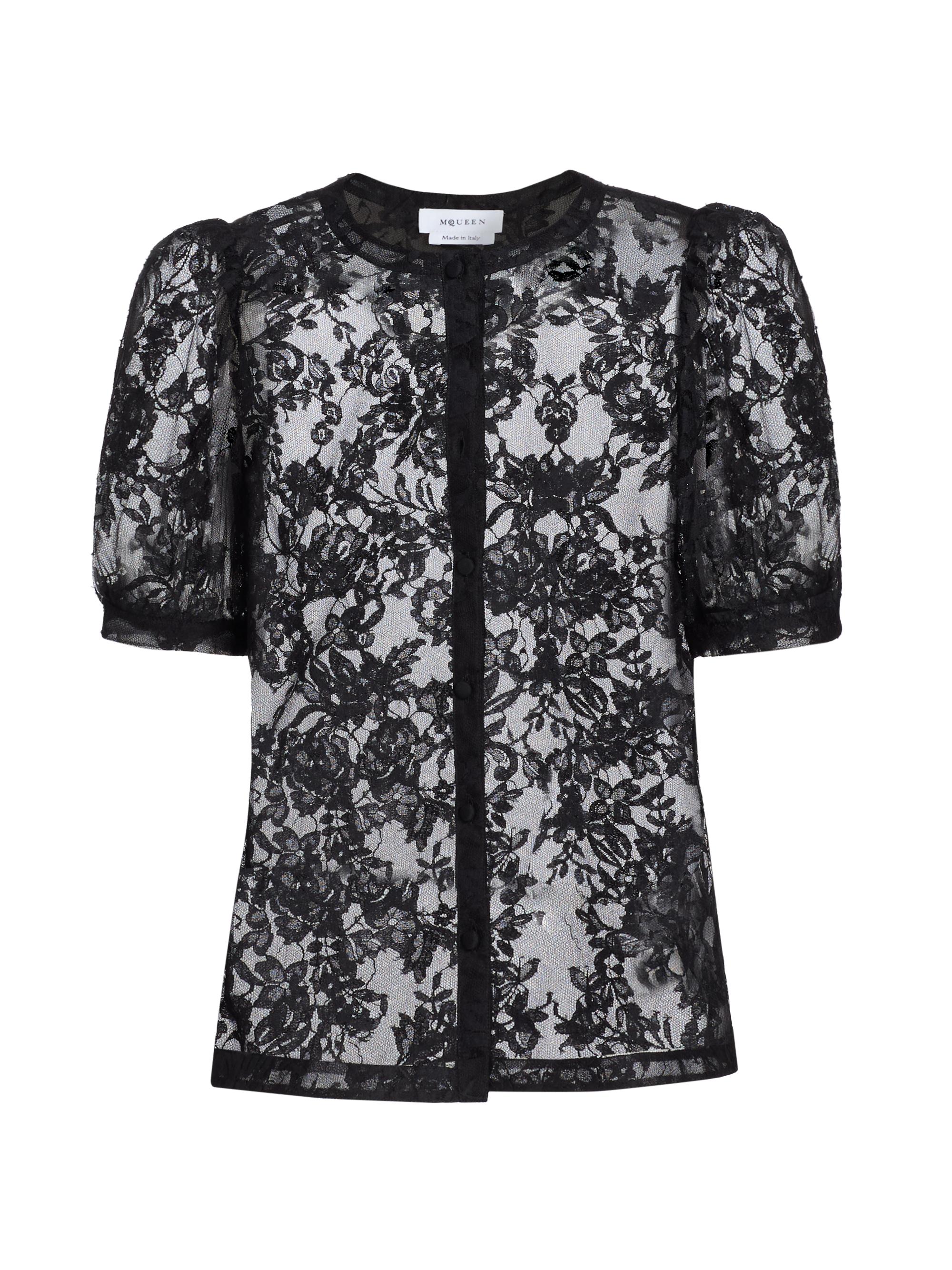 McQueen Women's Sheer Lace Puff-Sleeve Top - Black