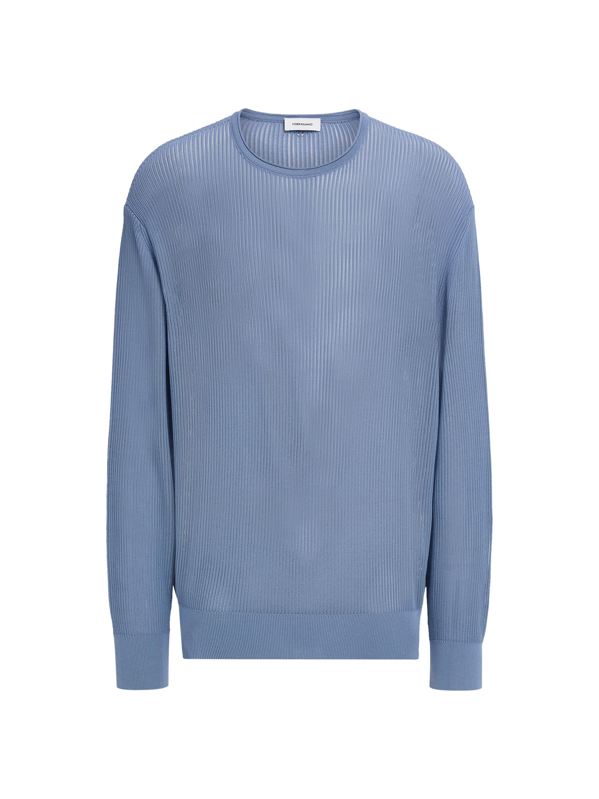 FERRAGAMO Men's Open Rib-Knit Crewneck Sweater - Washed Denim