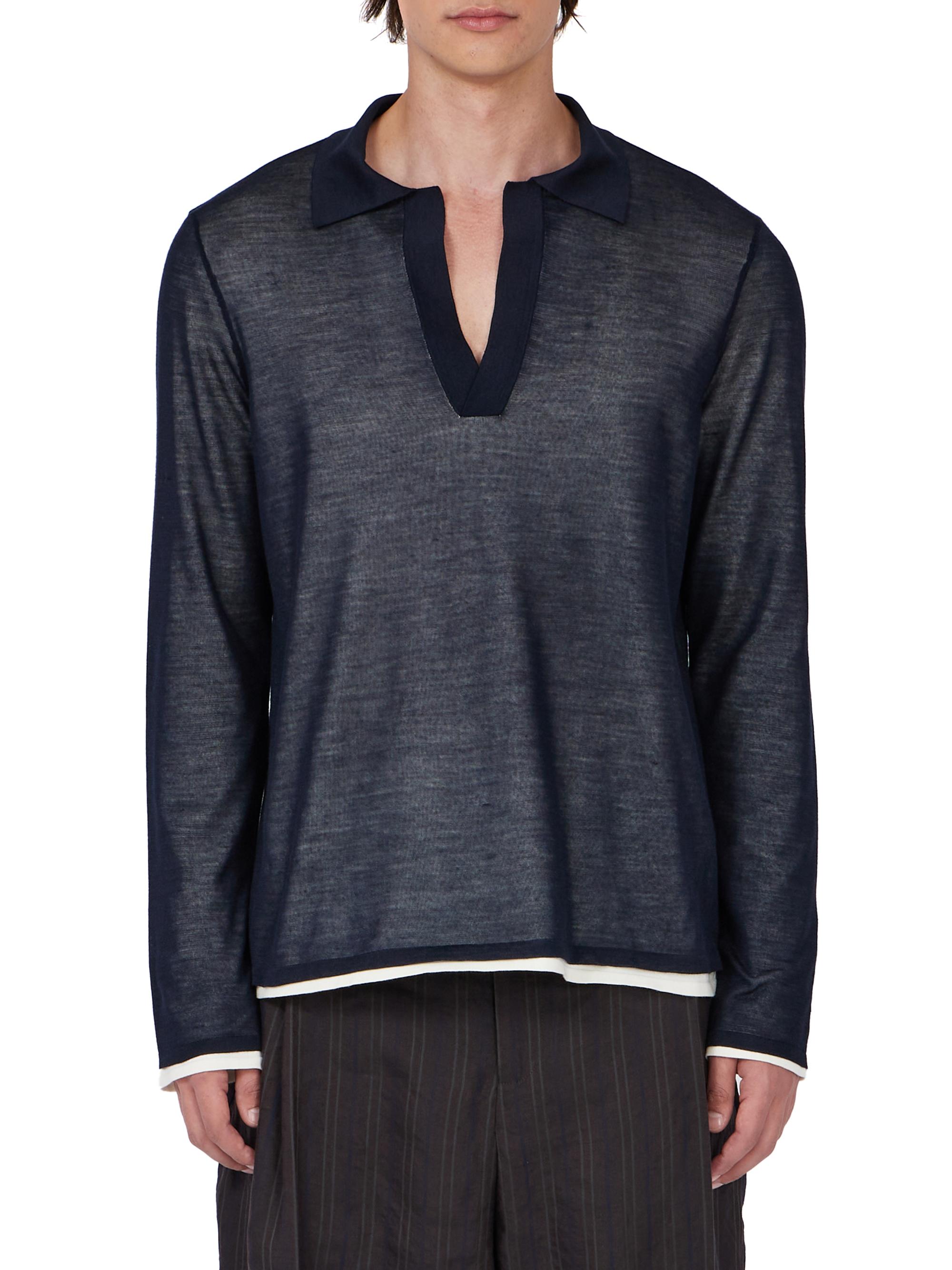 FERRAGAMO Men's Silk Johnny Collar Polo Sweater - New Navy Bianco Off White