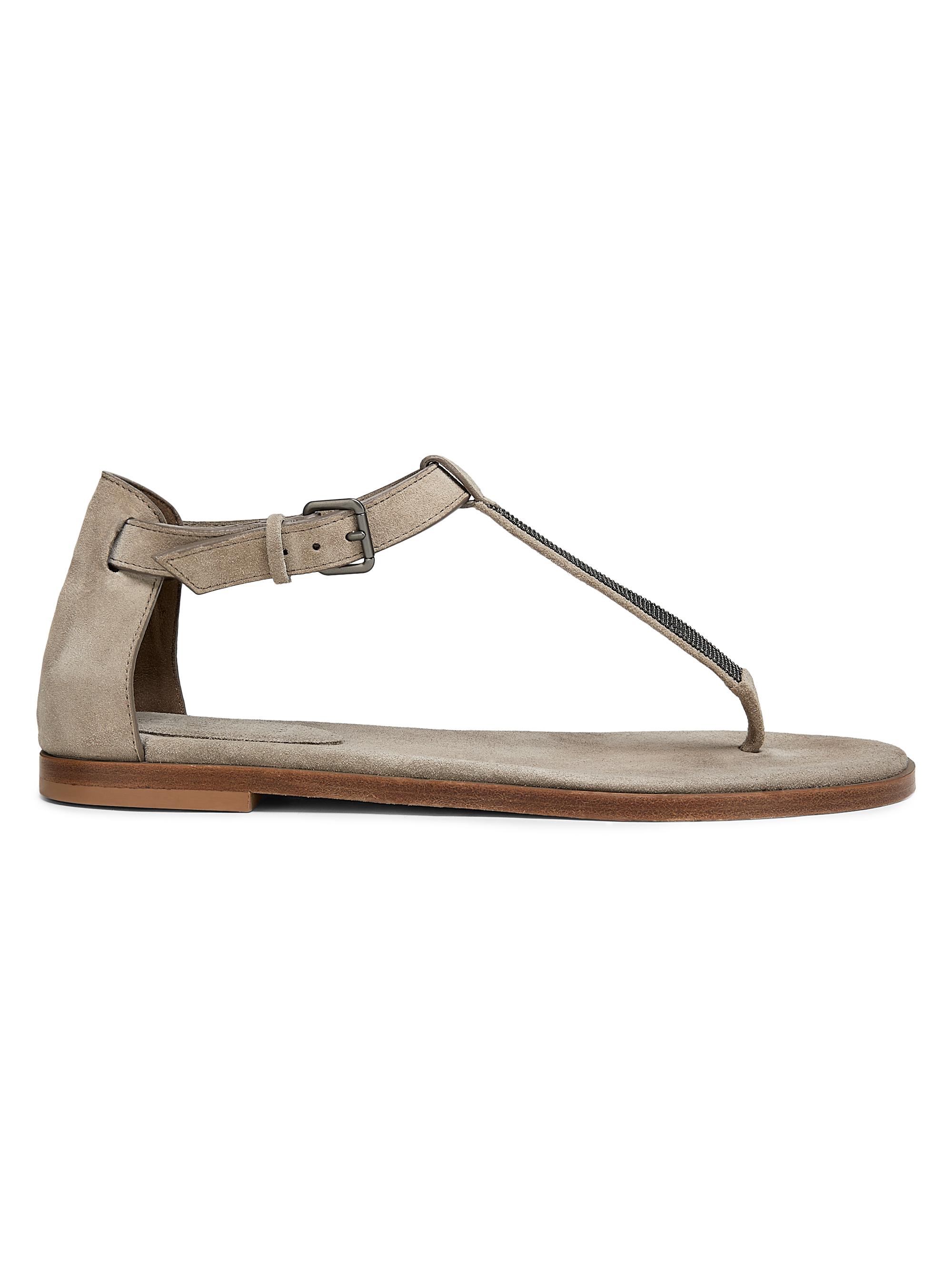 Brunello Cucinelli Women's Beaded Suede T-Strap Sandals - Ice
