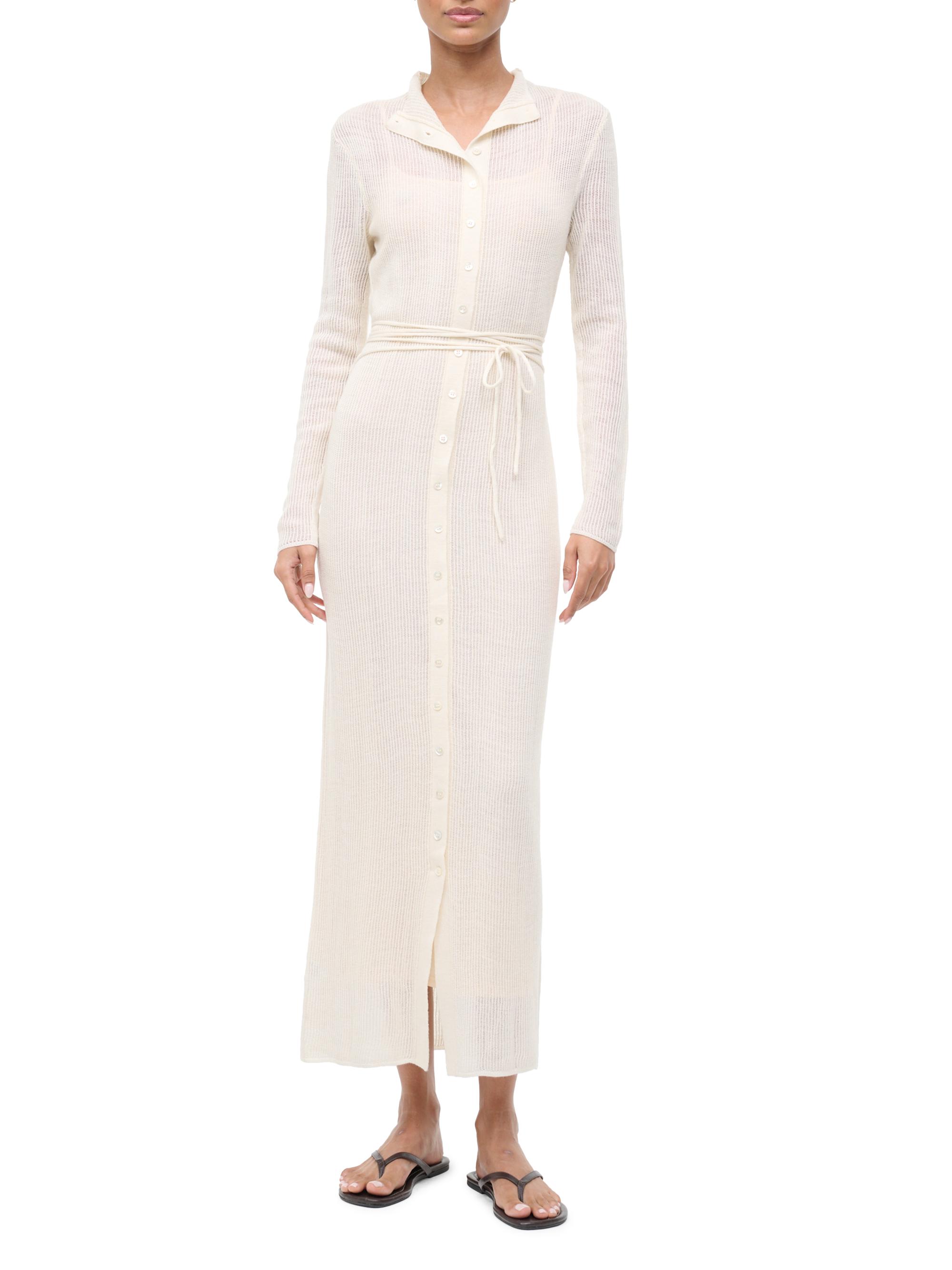 tie waist rib knit midi dress Openwork V Neck Back Tie Knit Midi Dress