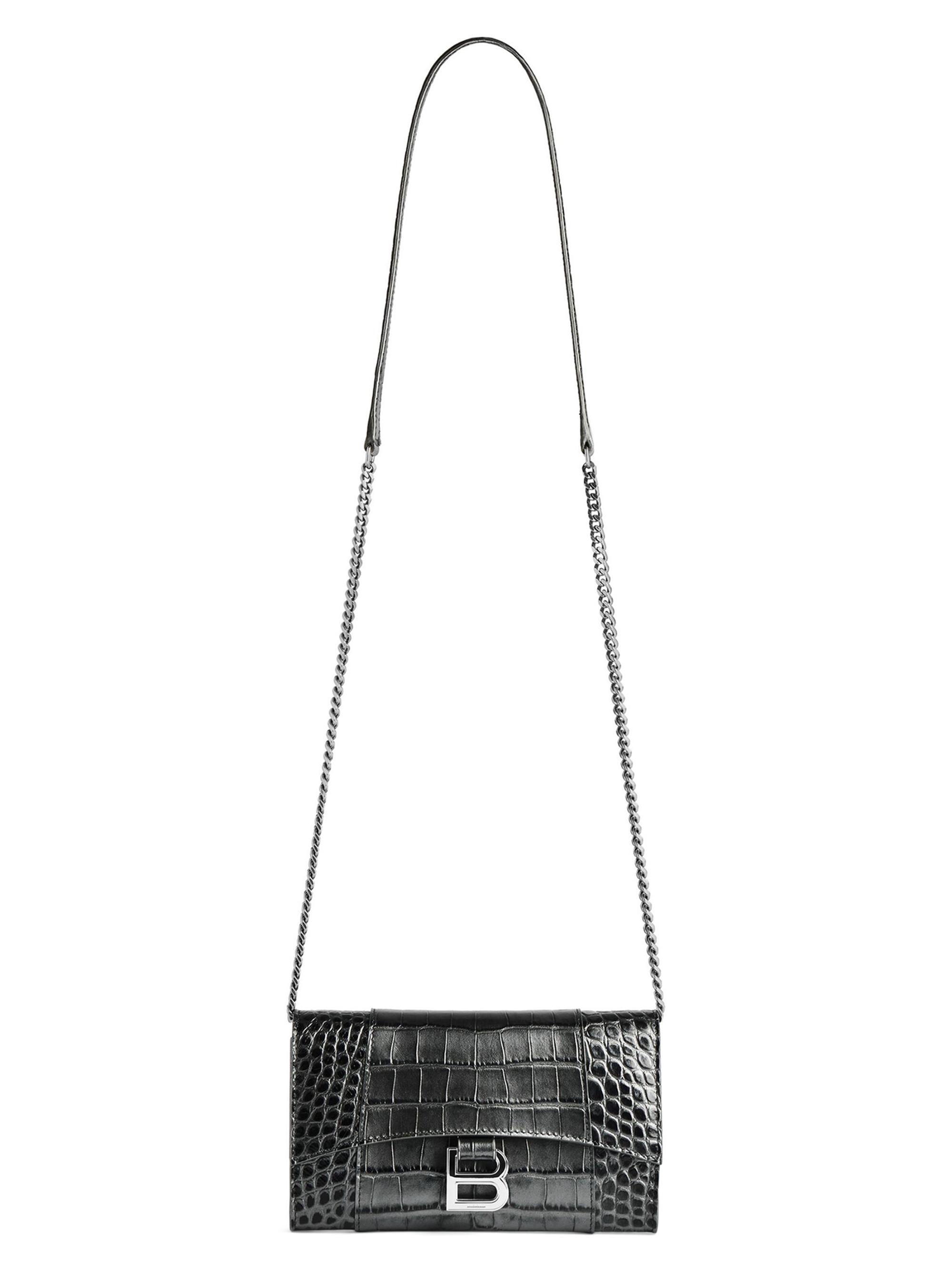 Balenciaga Women's Hourglass Metallized Crocodile Embossed Wallet on Chain - Gun Metal
