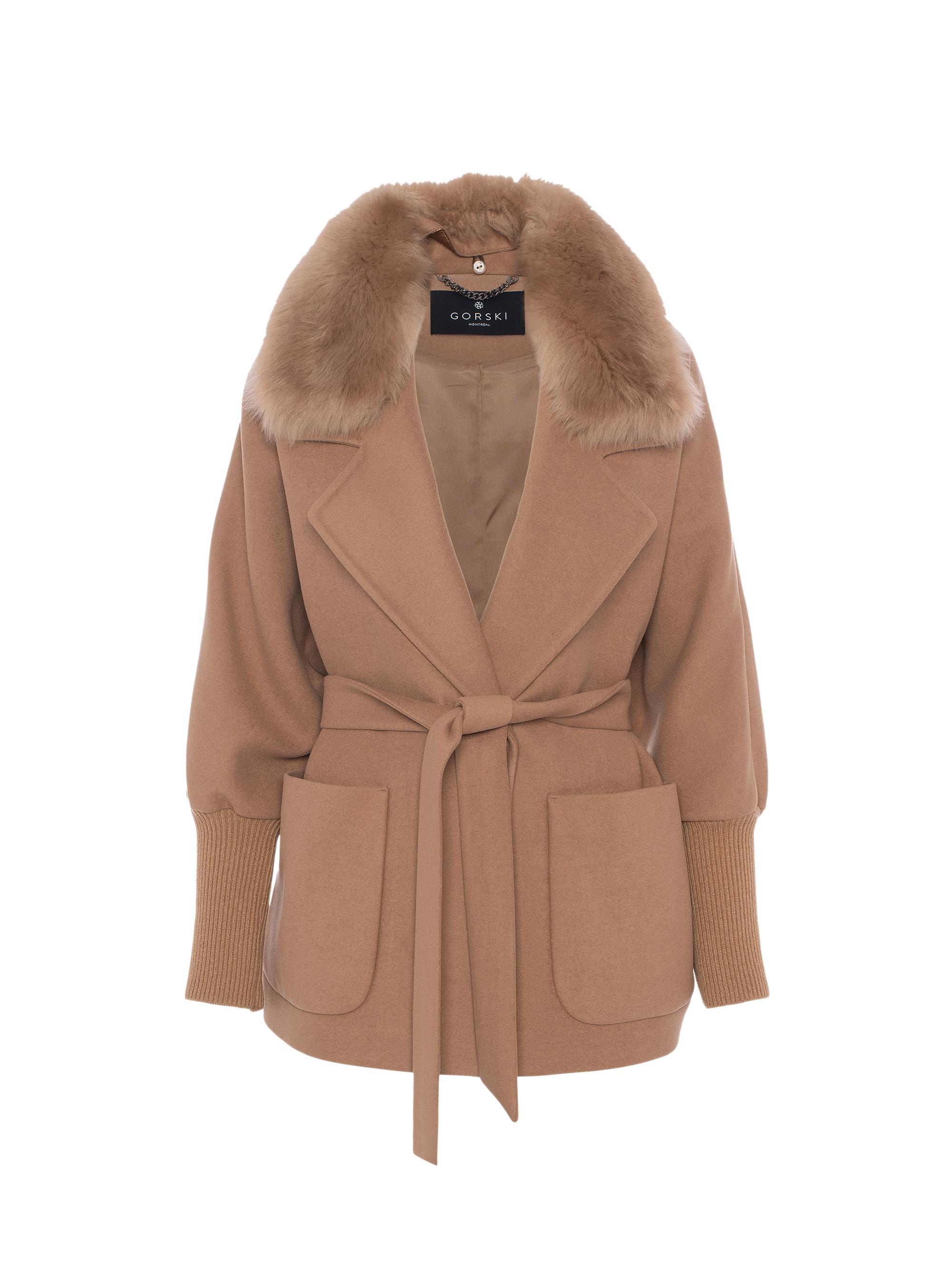 Gorski Women's Fabric Coat with Detachable Shearling Lamb Collar, Belt - Camel