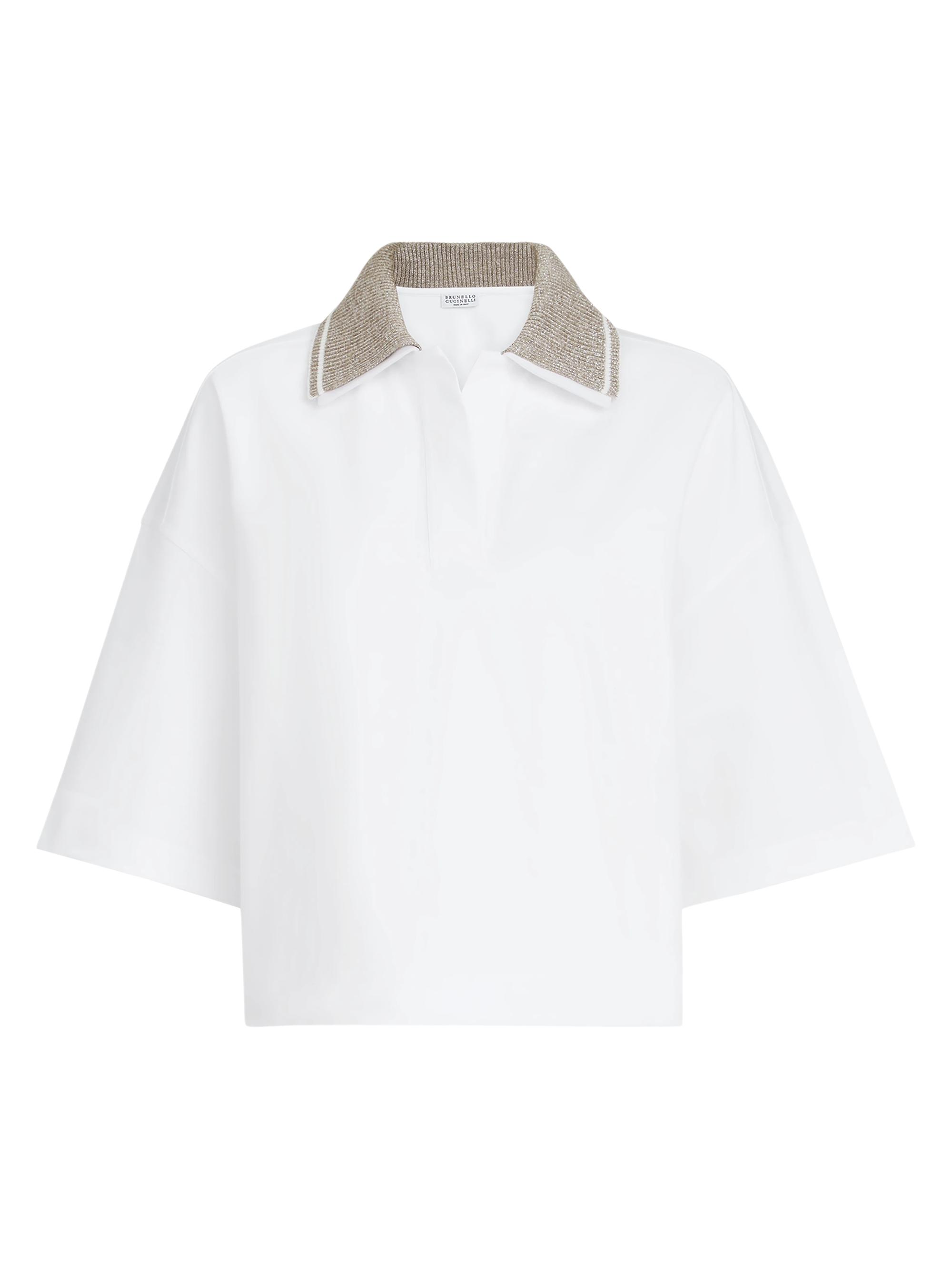 Brunello Cucinelli Women's Couture Interlock Polo Shirt with Sparkling Knit Collar - White