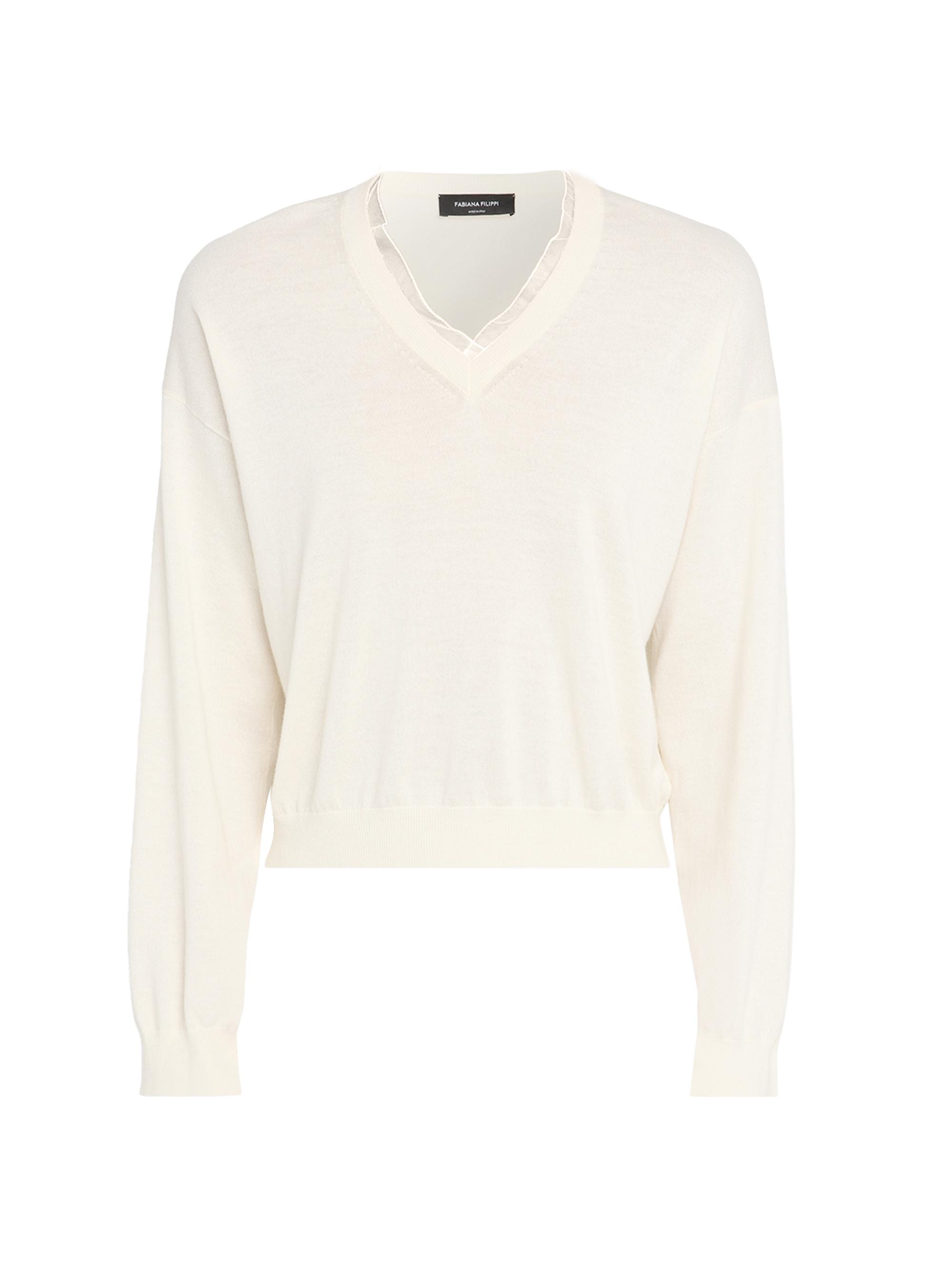 Fabiana Filippi Women's Tulle V-Neck Wool-Cotton Sweater - Burro