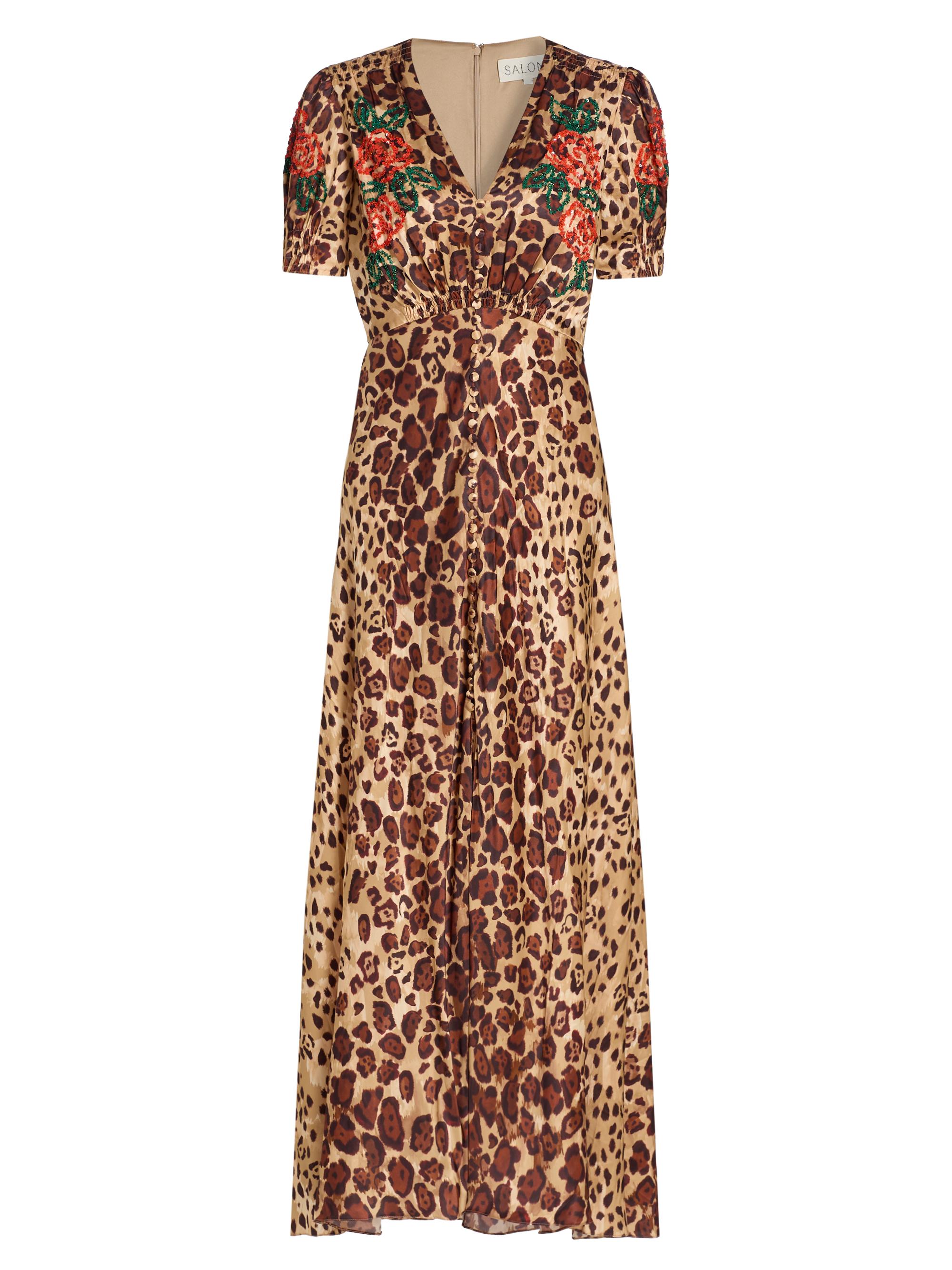 Saloni Women's Lea Floral Cheetah-Printed Midi-Dress - Cheetah Rose Plmt