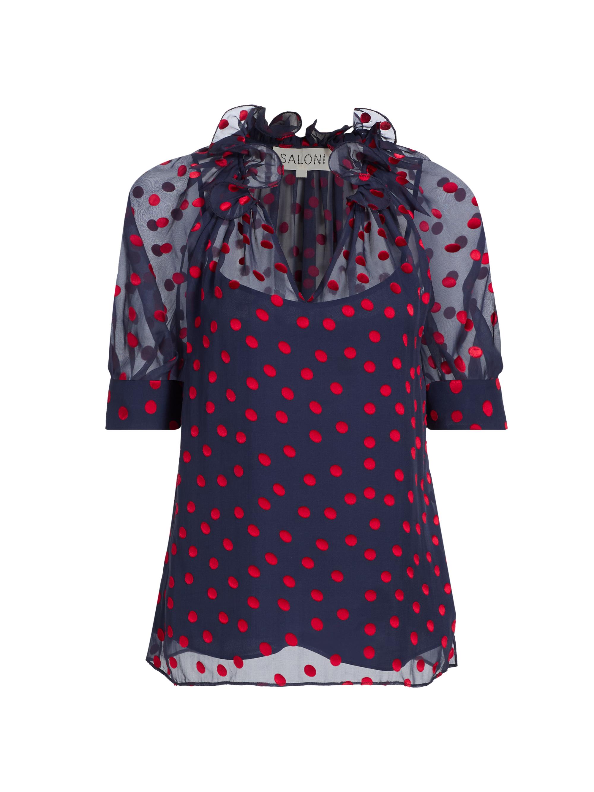 Saloni Women's Josie Polka Dot Silk Top - Navy Bright Rouge