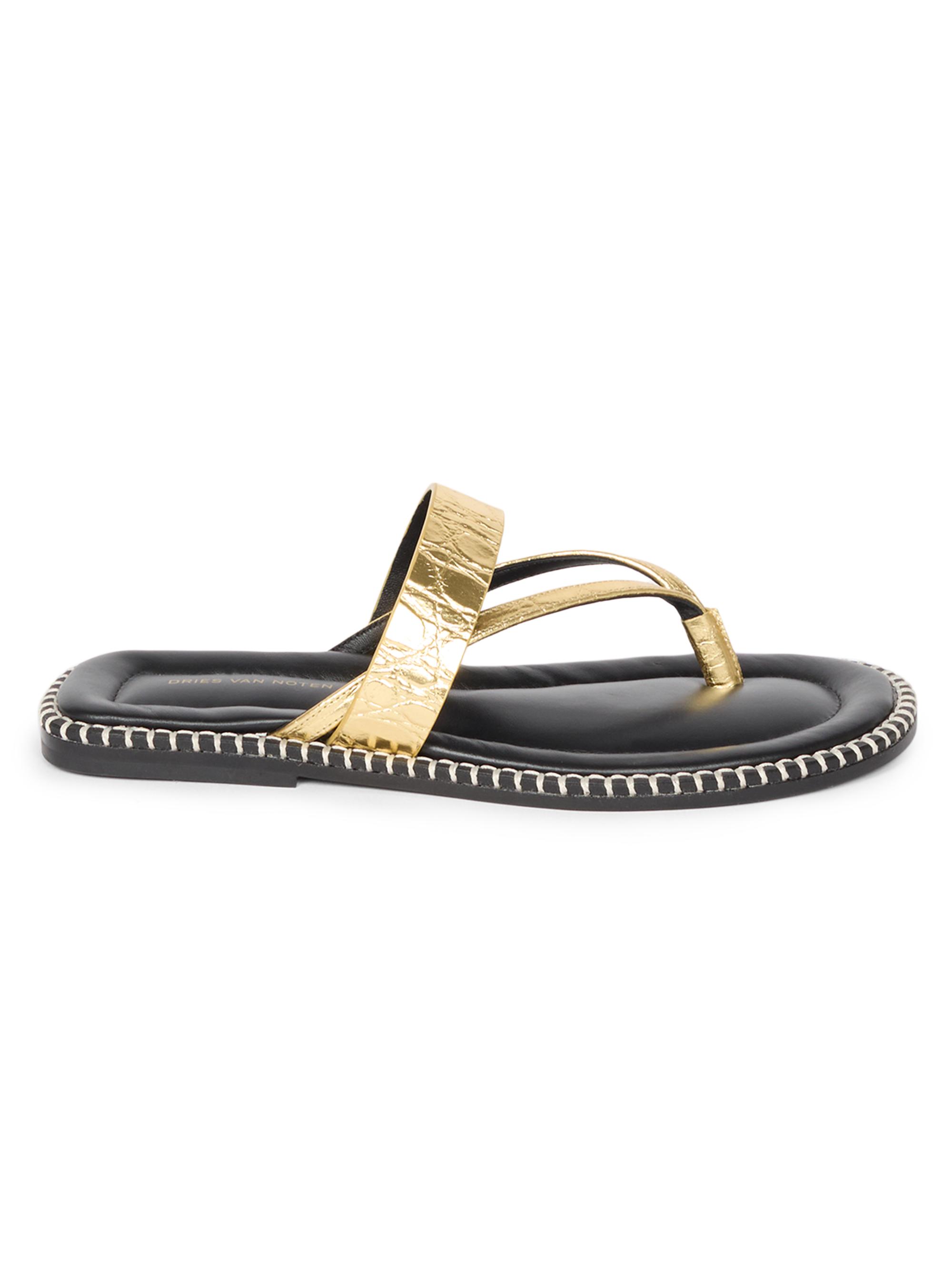 Dries Van Noten Women's Croc-Embossed Metallic Leather Flat Sandals - Gold