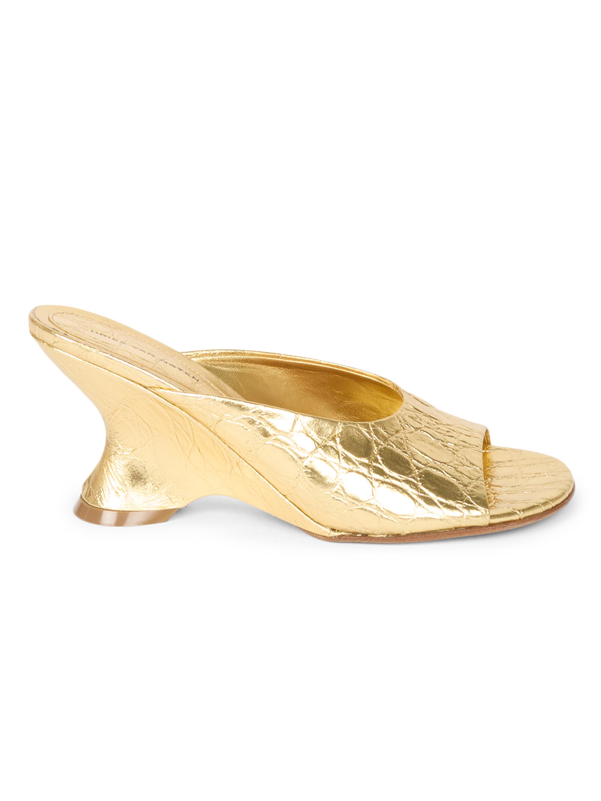 Dries Van Noten Women's 75MM Croc-Embossed Metallic Leather Wedge Mules - Gold
