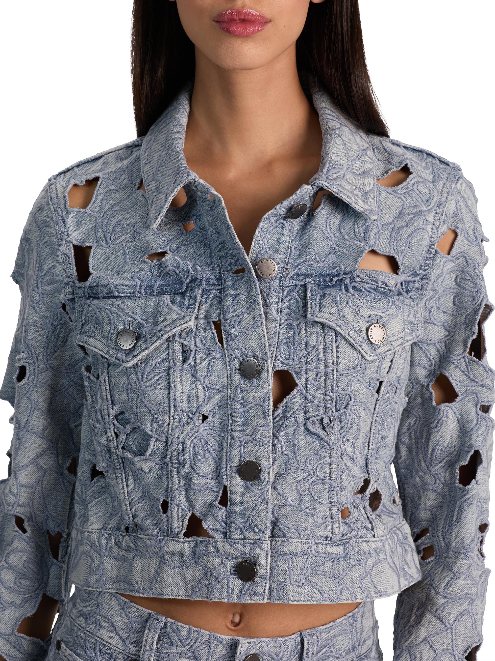 ALICE + OLIVIA Chloe Embroidered Eyelet Denim Jacket | Saks Fifth