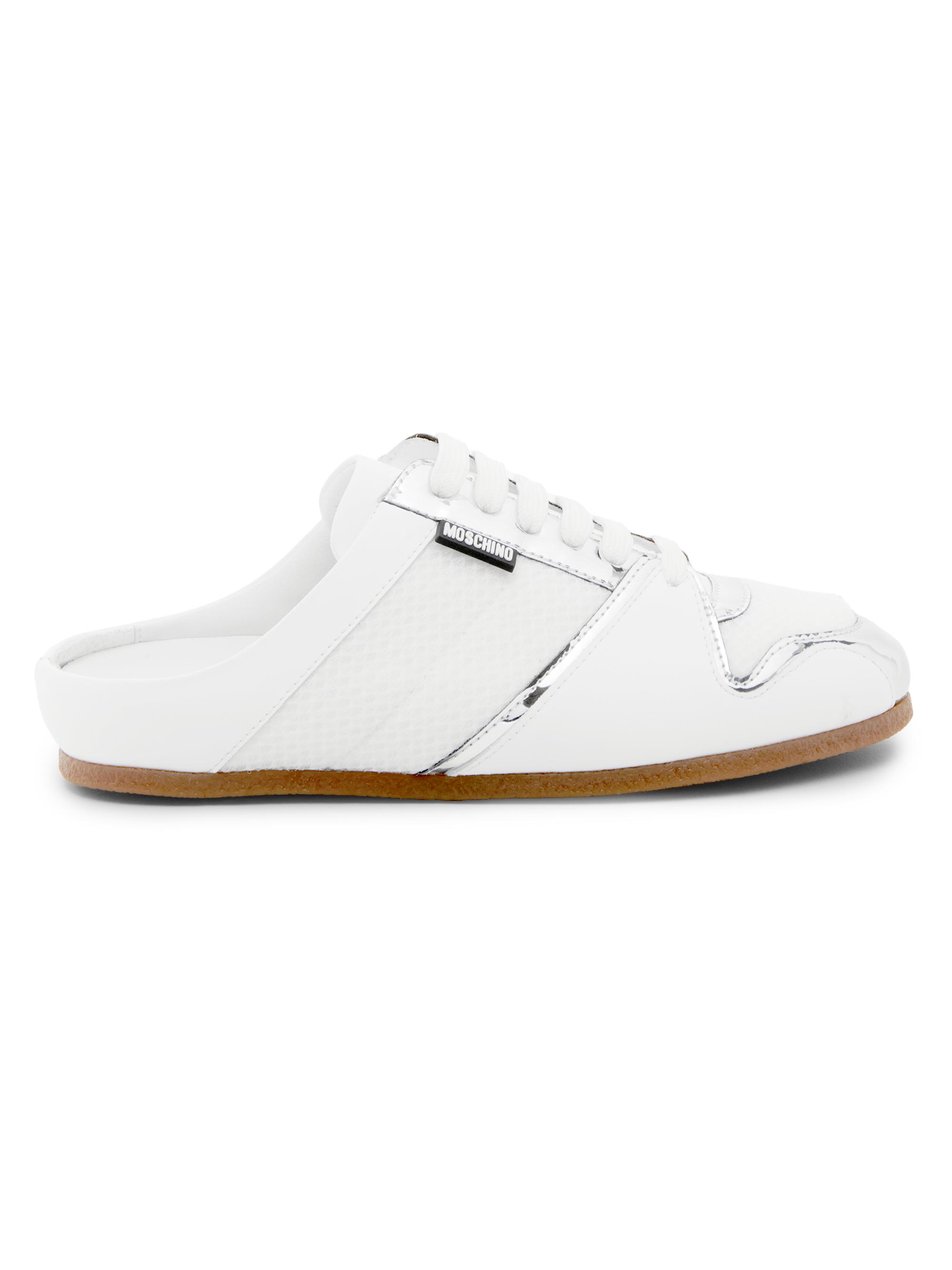 Moschino Women's Logo Chrome Mesh-Leather Mules - White Silver