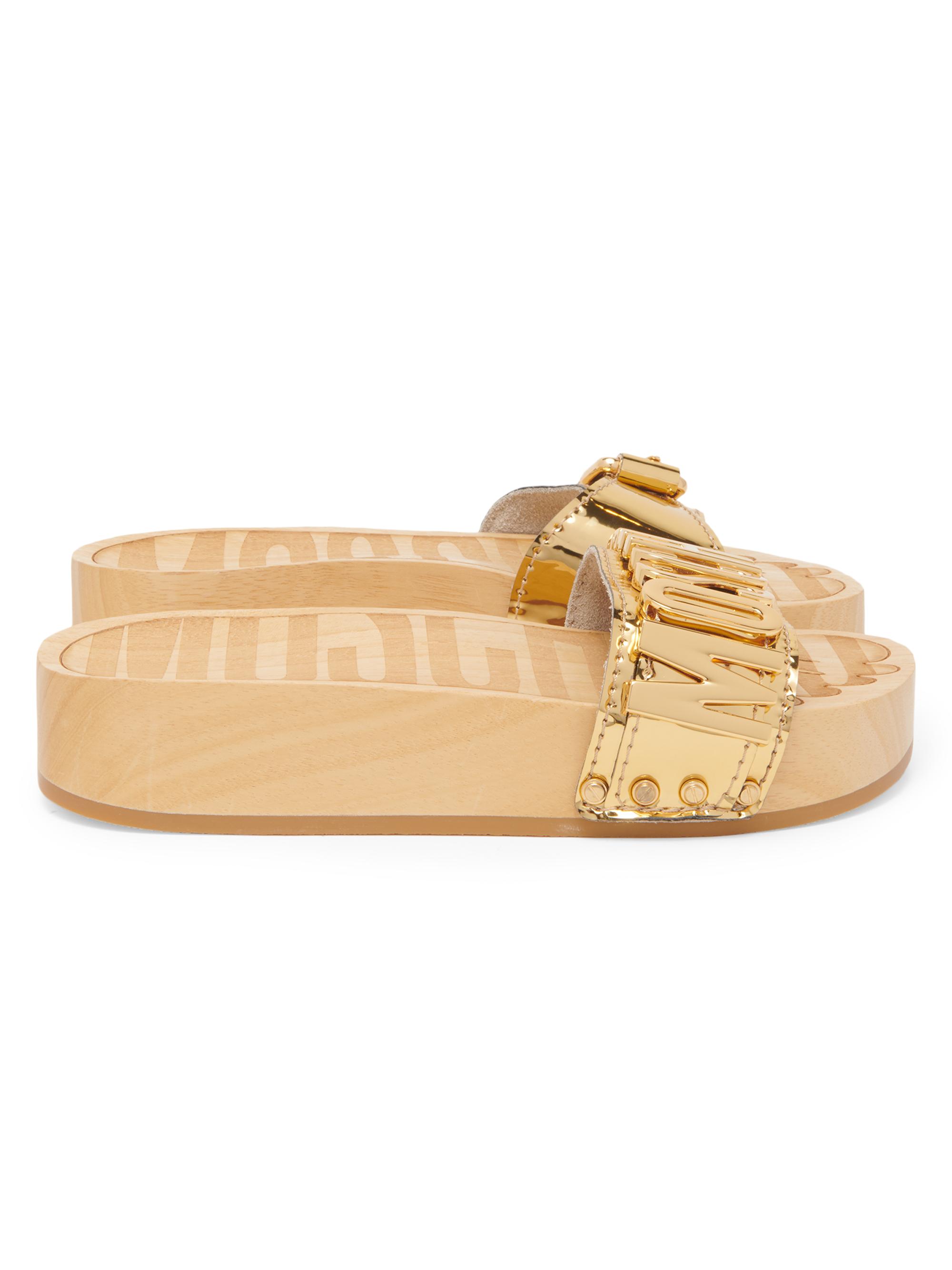 Moschino Women's 45MM Logo & Buckle Chrome Mule Slides - Gold  Sandals