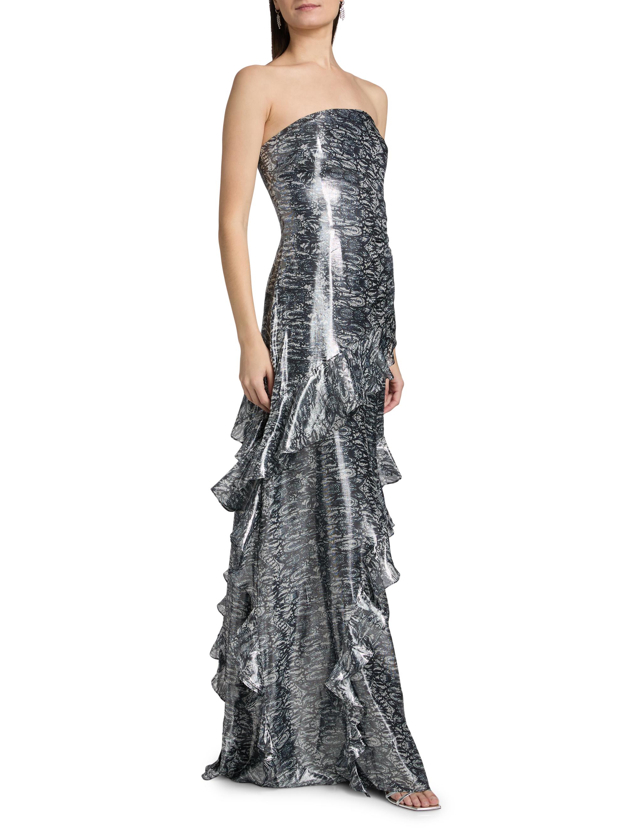 Ramy Brook Dominika Ruffled Metallic Jacquard Strapless Gown