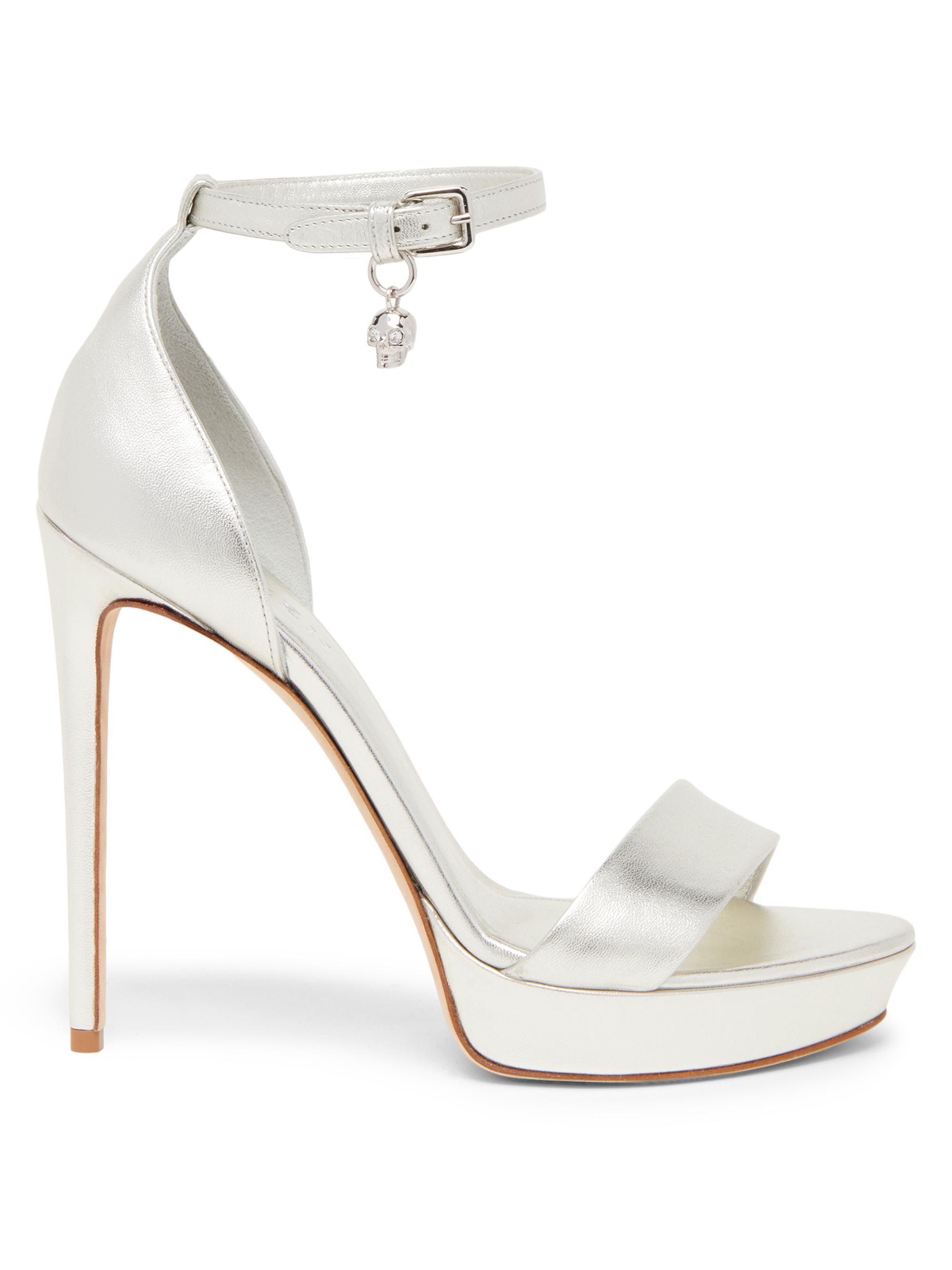 McQueen Women's Skull Charm Leather Platform Sandals - Silver