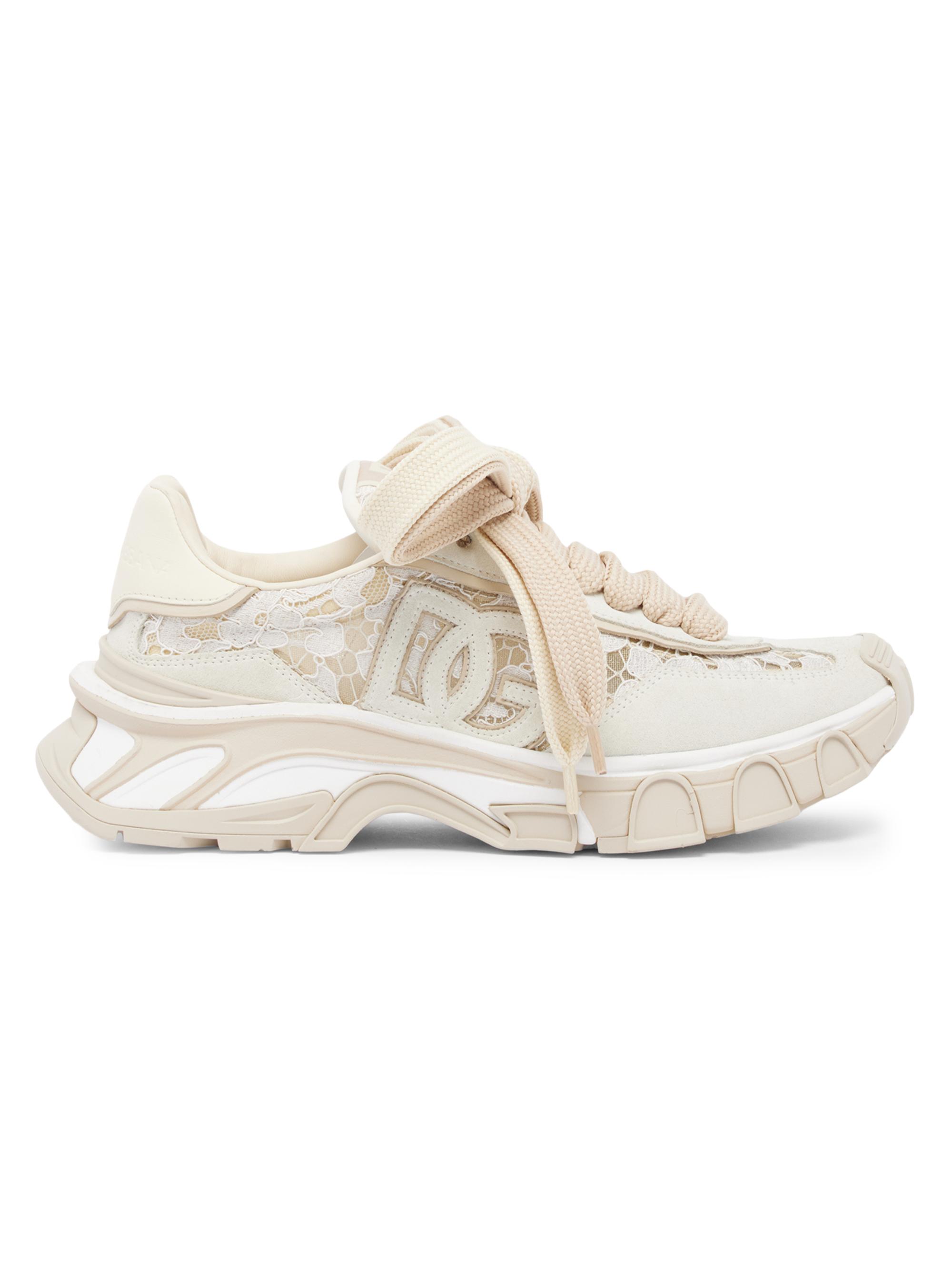 Dolce & Gabbana Women's Logo Lace-Trim Low-Top Sneakers - Bianco Panna