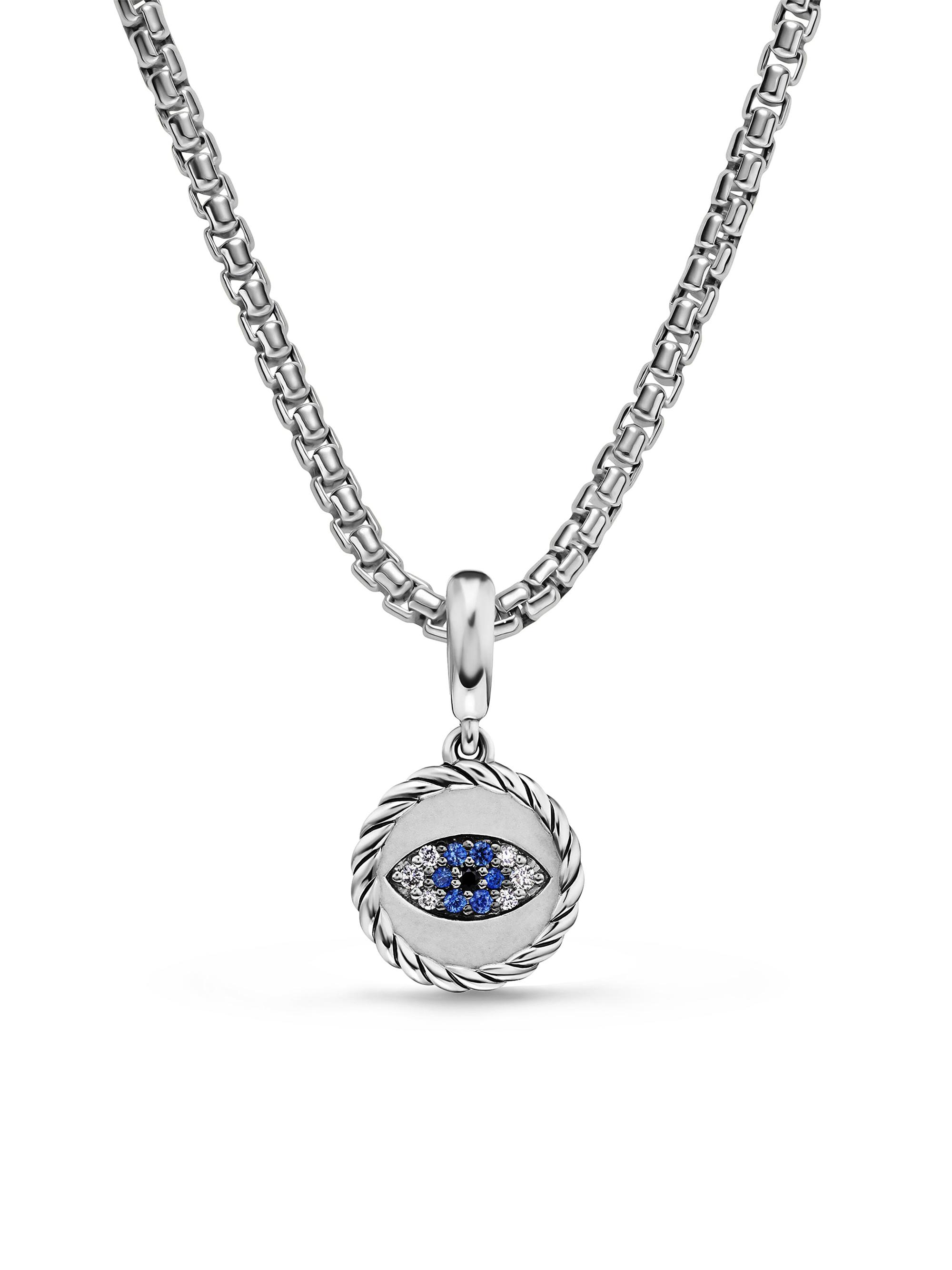 David Yurman Women's Evil Eye Amulet in Sterling Silver with Light Blue Sapphires, Black Diamonds and Diamonds, 12.6MM - Light Blue Sapphire