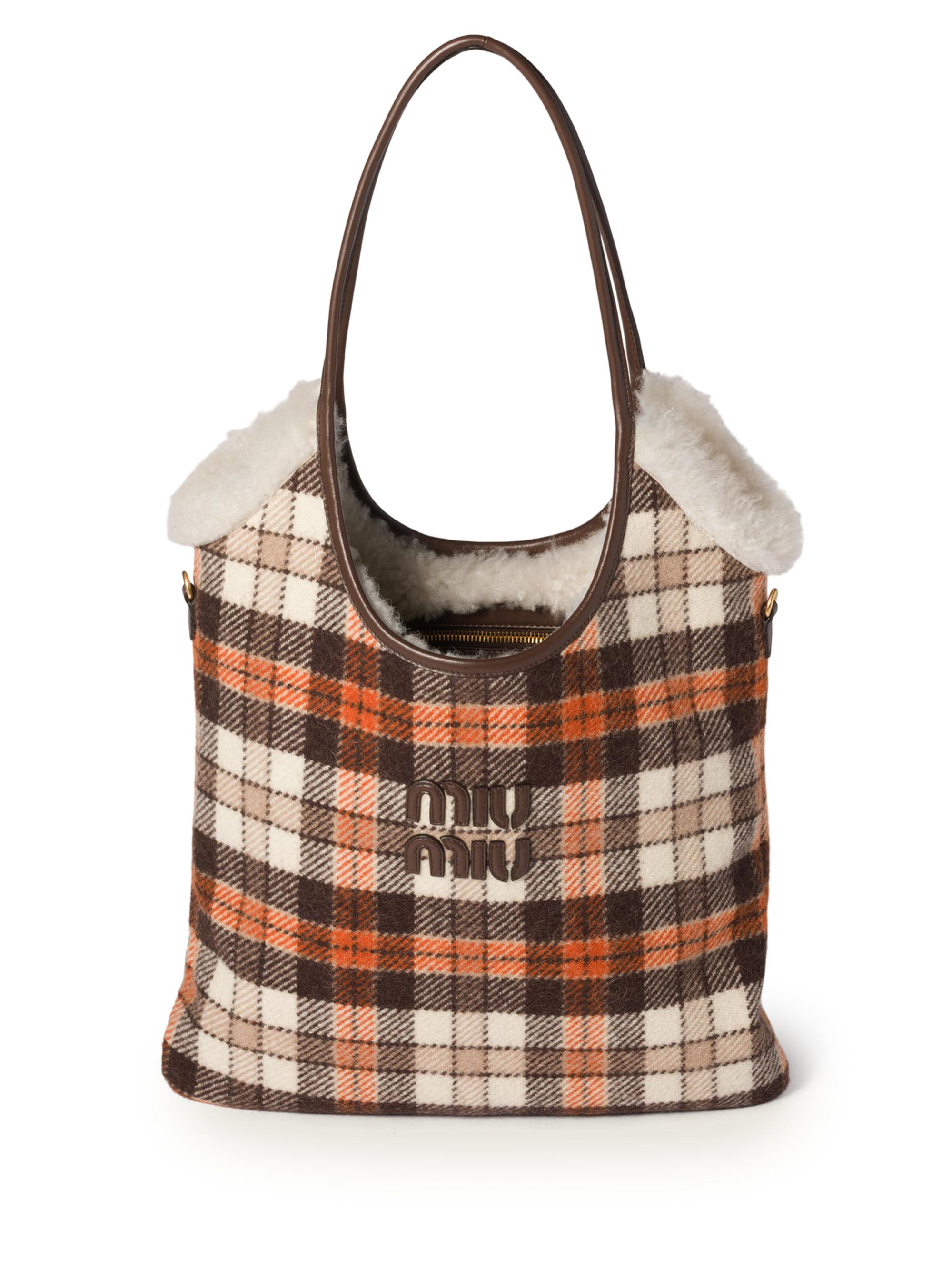 Miu Miu Women's Ivy Plaid and Shearling Tote Bag - Brown