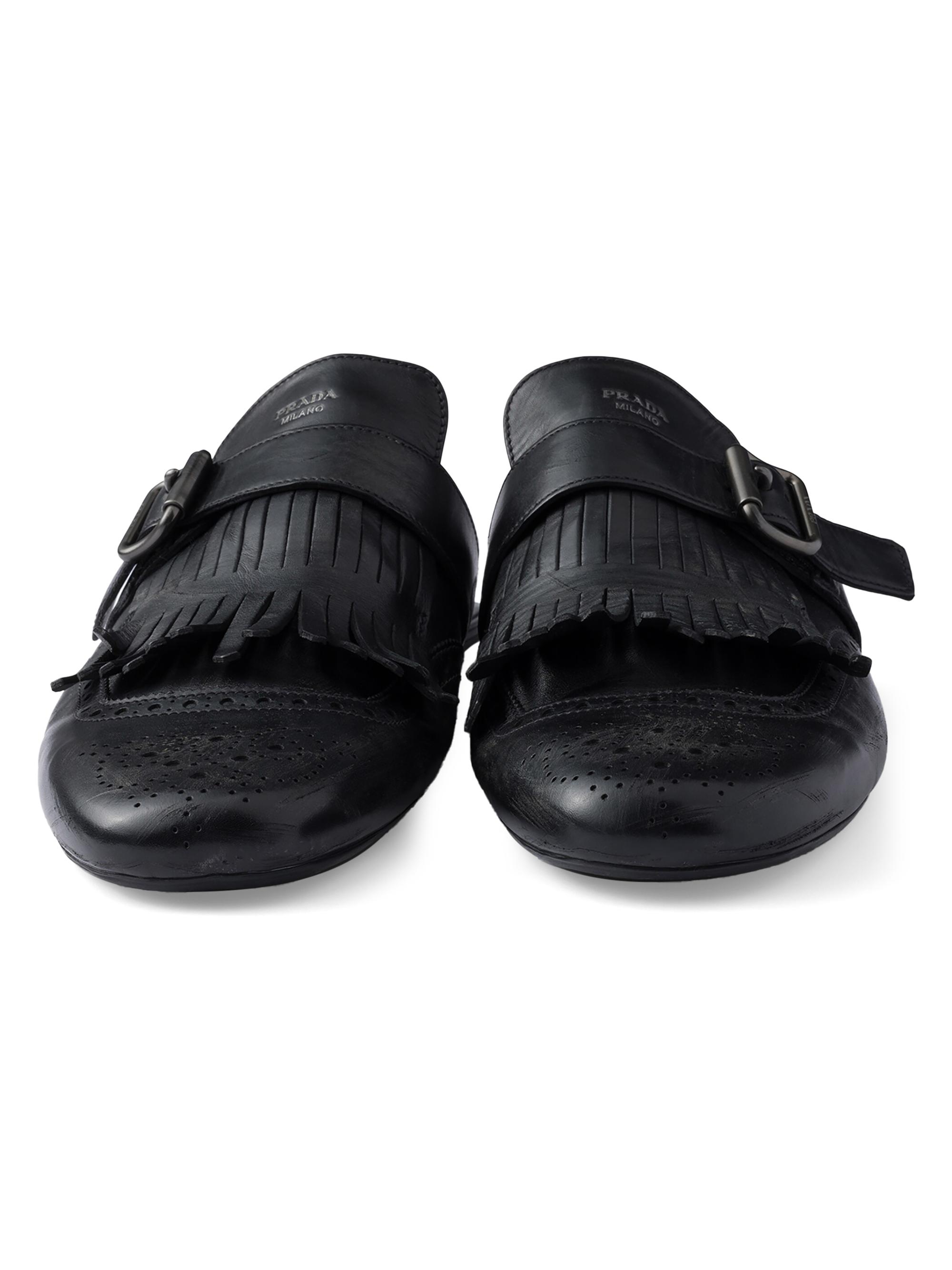 Prada Shuffle Antiqued Leather Mules with Buckled Strap and Fringe
