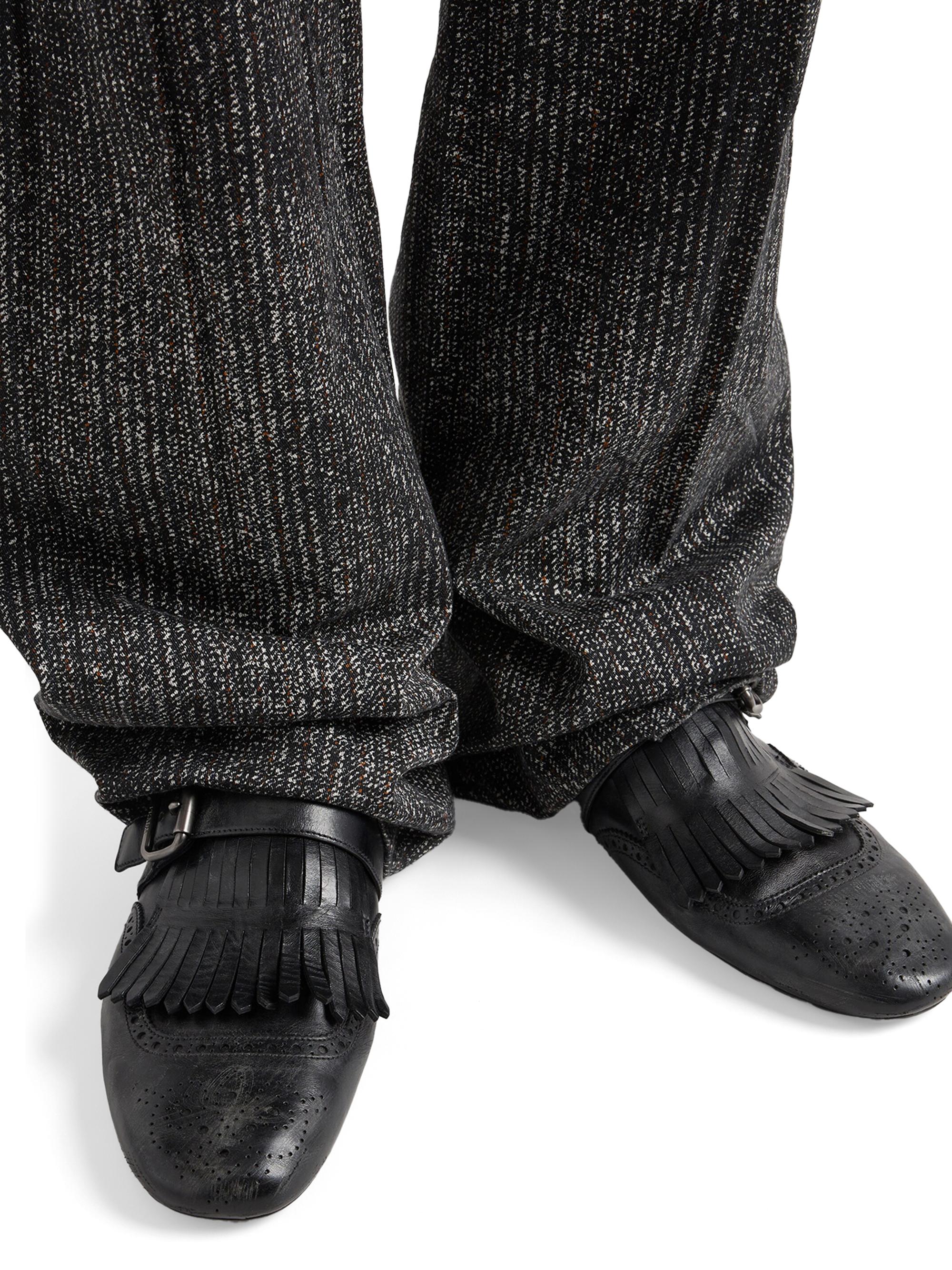 Prada Shuffle Antiqued Leather Mules with Buckled Strap and Fringe