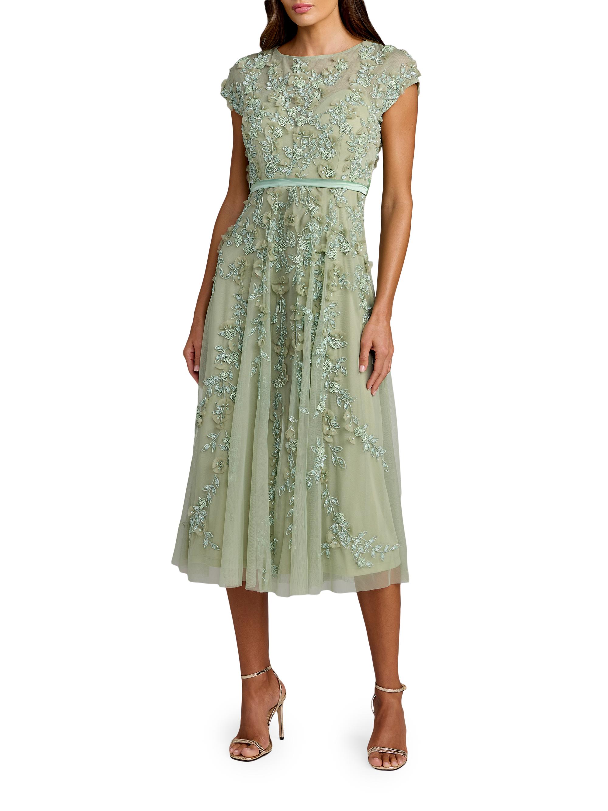 Mac Duggal Women's Petite Floral-Embroidered Mesh Midi-Dress - Sage Petite 12
