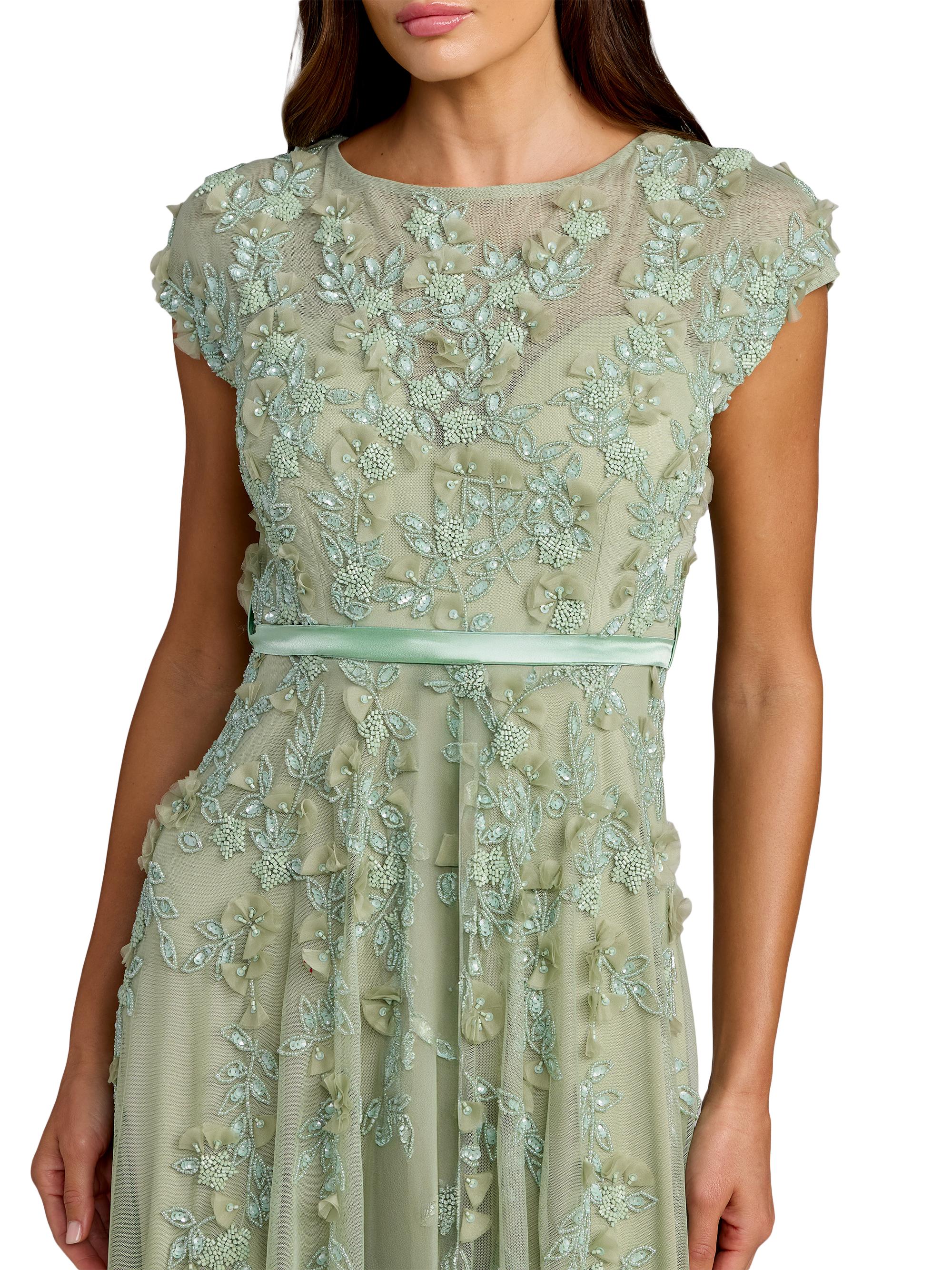 Mac Duggal Women's Petite Floral-Embroidered Mesh Midi-Dress - Sage Petite 14 | Thumbnail 3