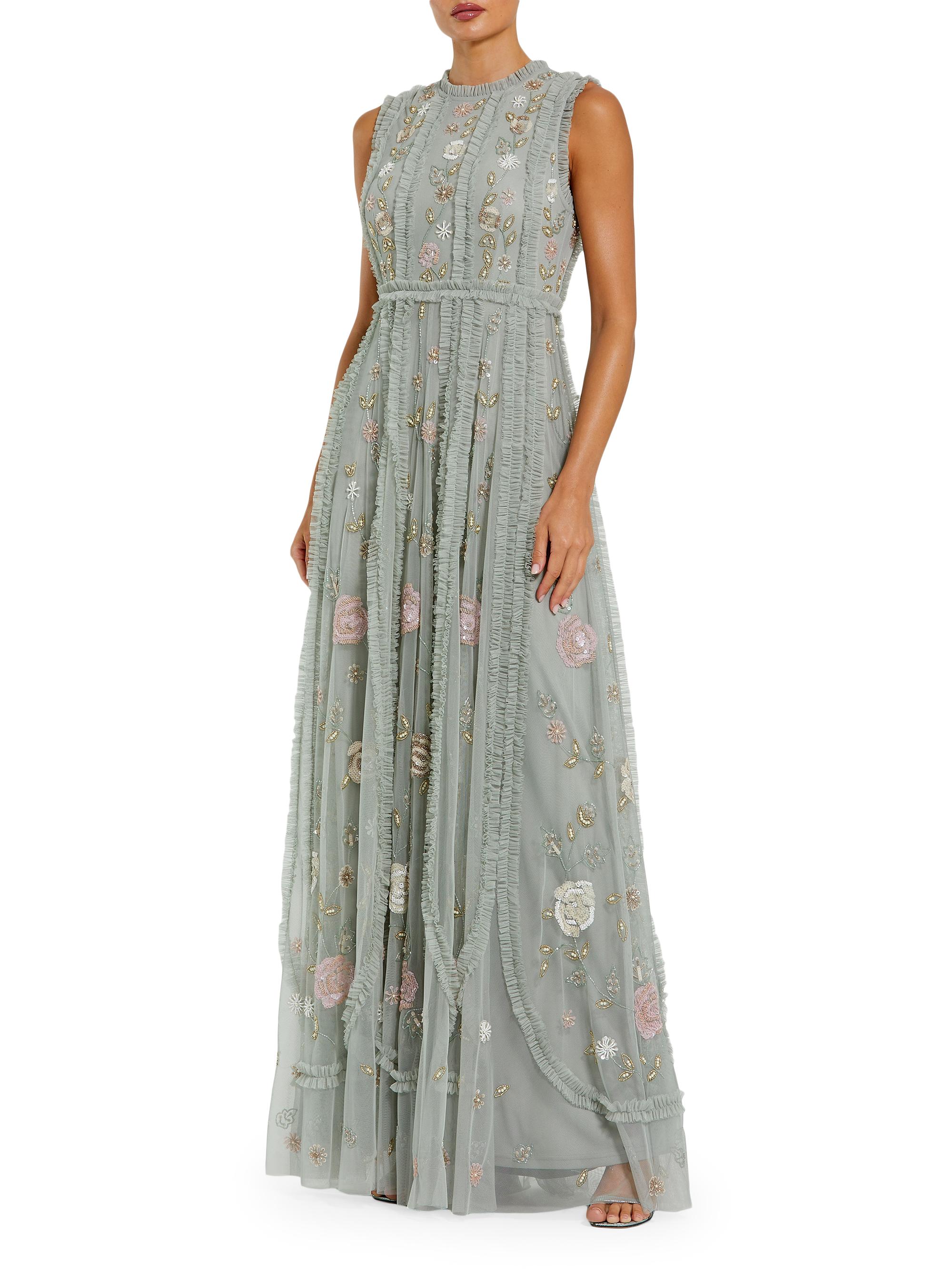 Mac Duggal Women's Floral-Embroidered Ruffled Mesh Gown - Sage Multi