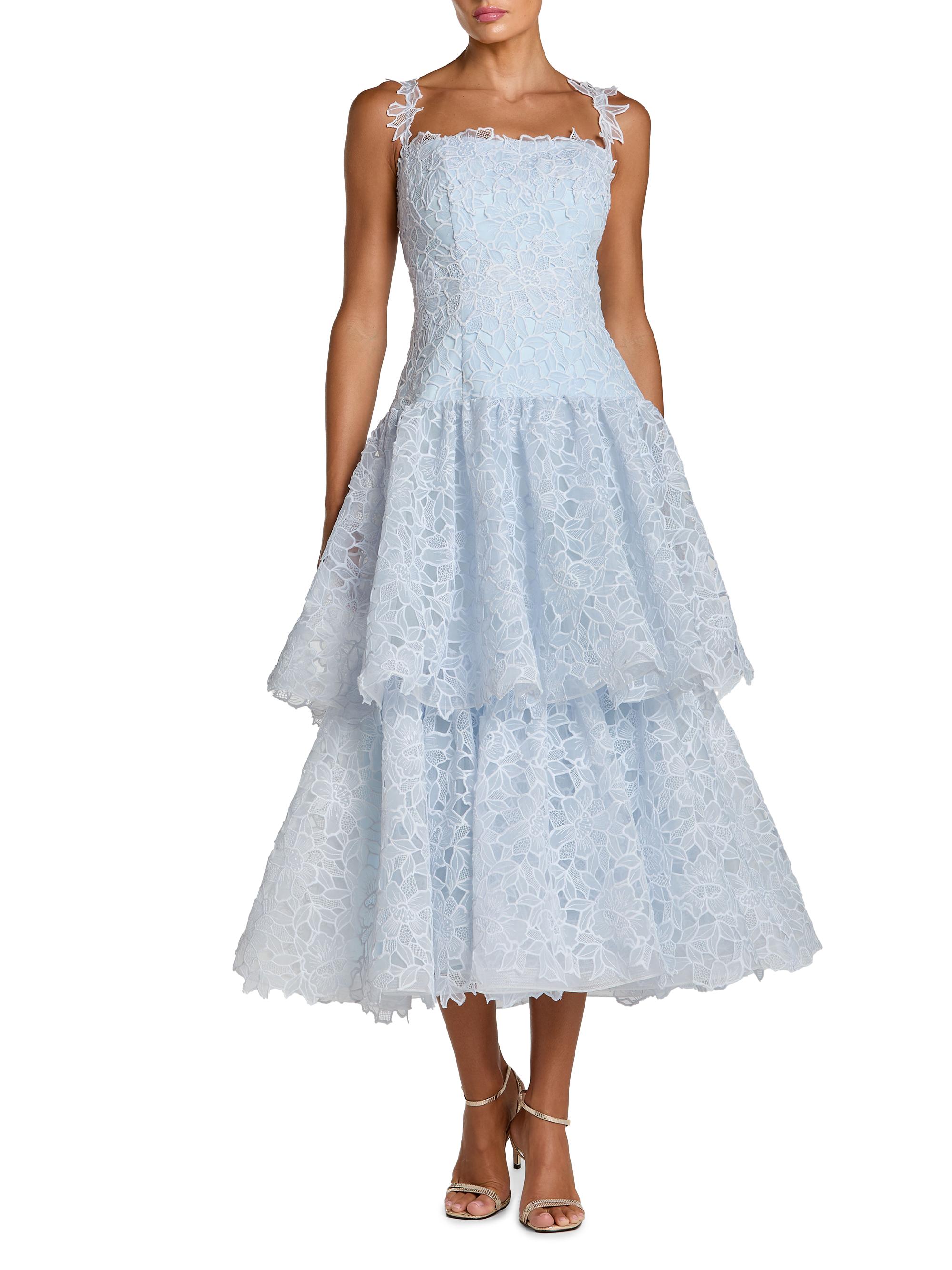 Mac Duggal Women's Petite Lace Sleeveless RuffleTiered Midi-Dress - Powder Blue Petite 12