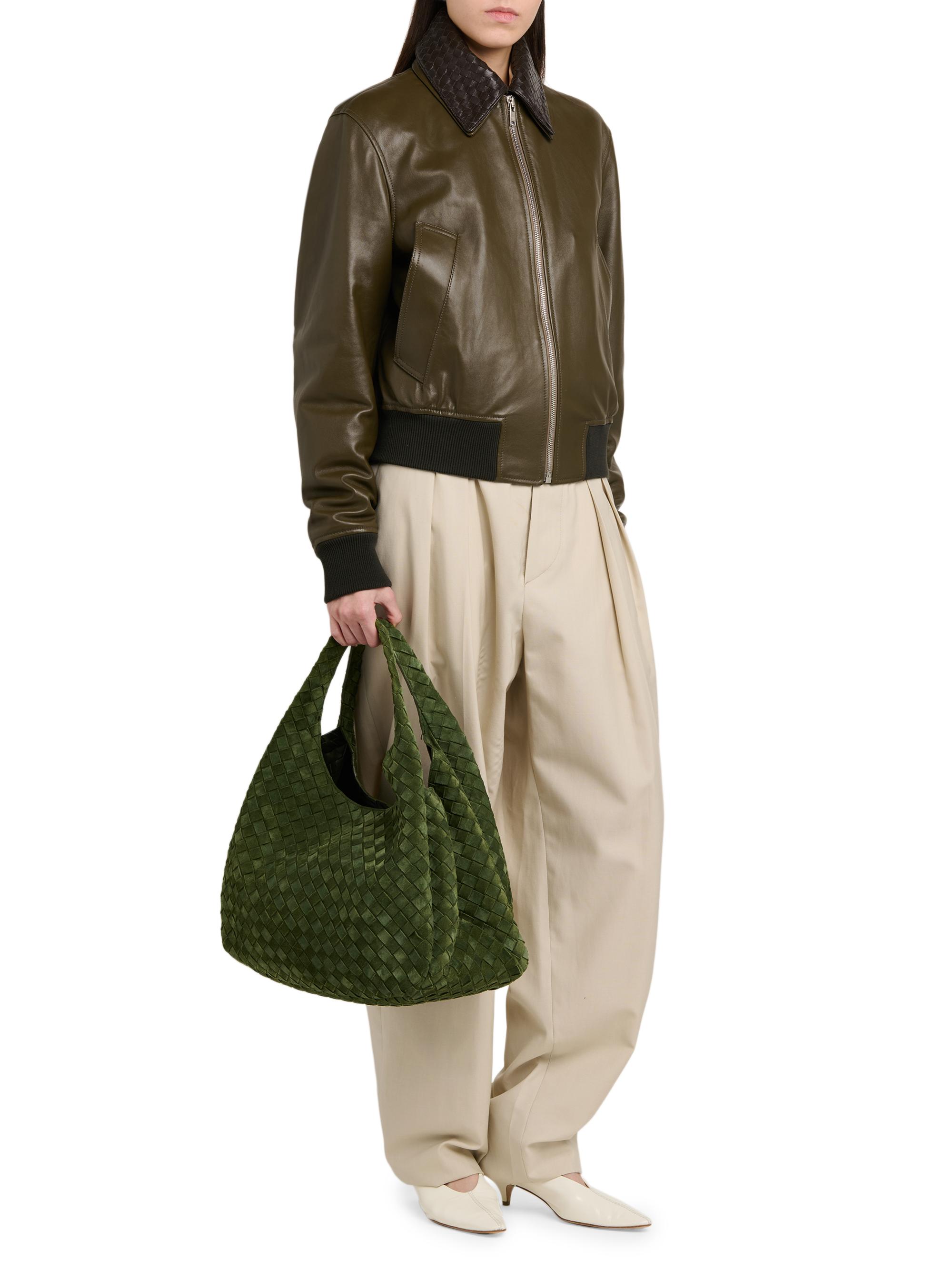 Bottega Veneta Women's  Campana Intrecciato Suede Shoulder Bag - Green Tweed Brass | Thumbnail 2