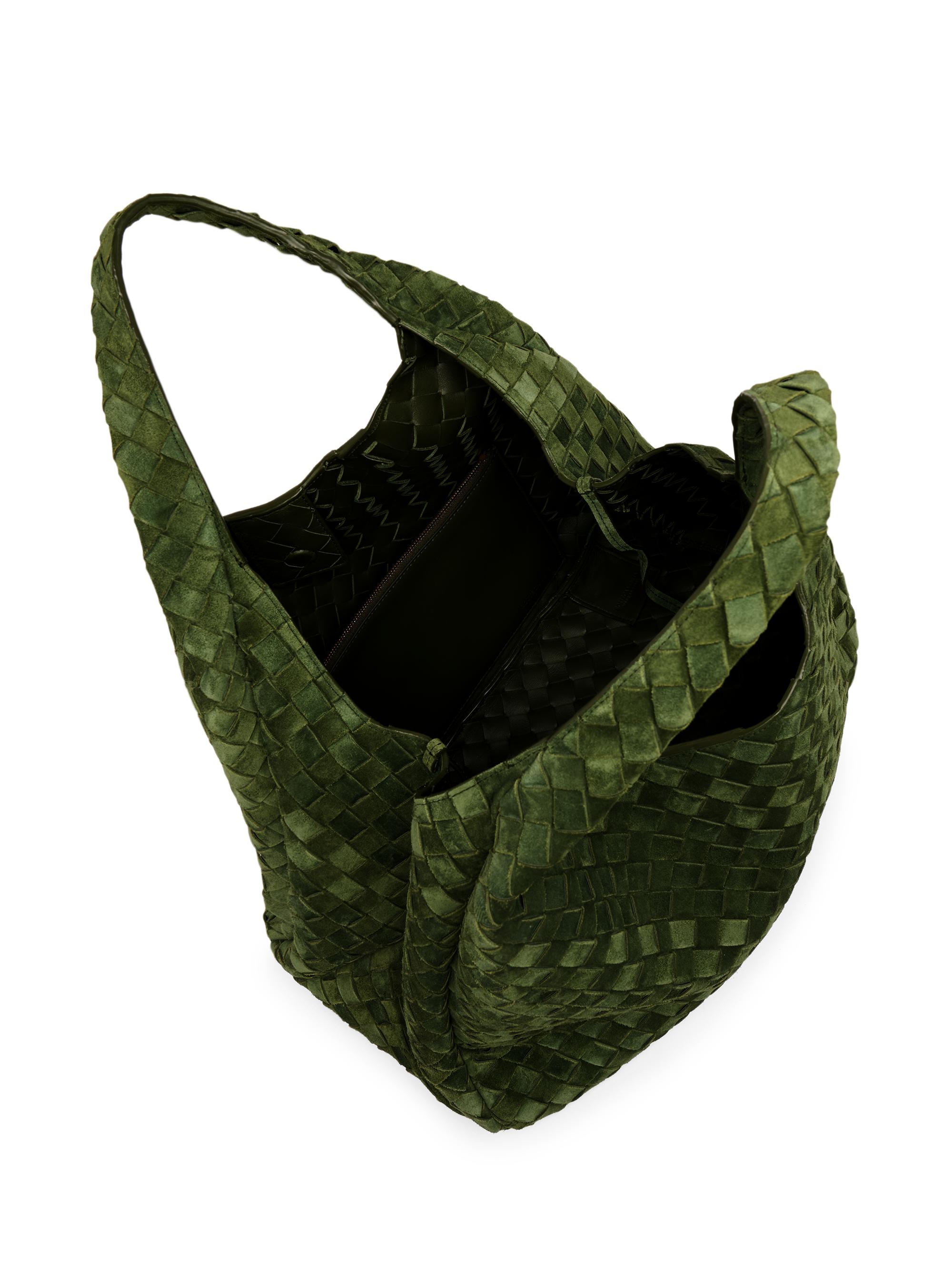 Bottega Veneta Women's  Campana Intrecciato Suede Shoulder Bag - Green Tweed Brass | Thumbnail 3